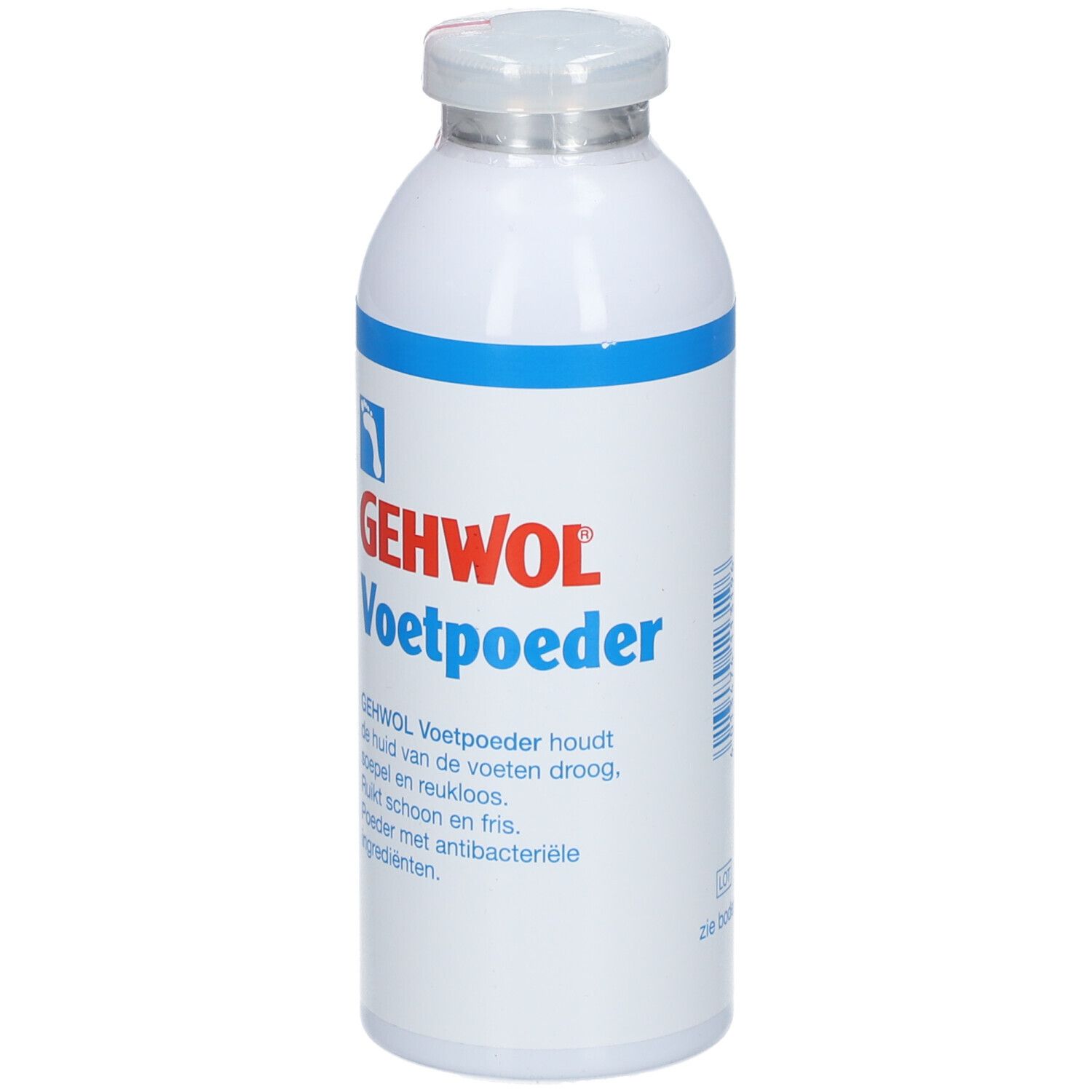 Flacon blanc avec bande bleue et texte rouge. Contient de la poudre pour les pieds. Marque : Gehwol.