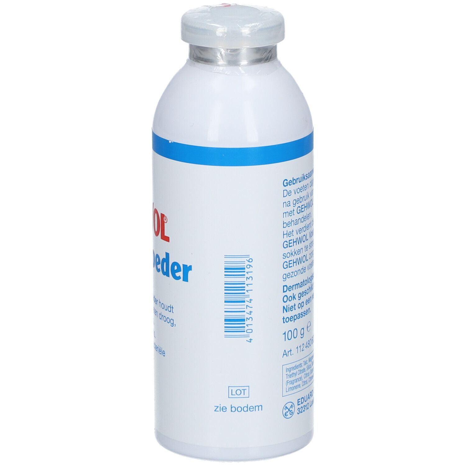 Flacon blanc avec bande bleue et texte rouge. Contient de la poudre pour les pieds. Marque : Gehwol.