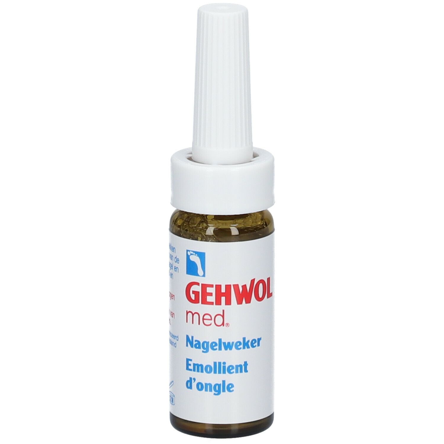 Flacon en verre brun avec applicateur blanc. Inscription : GEHWOL med. Emollient d'ongle.