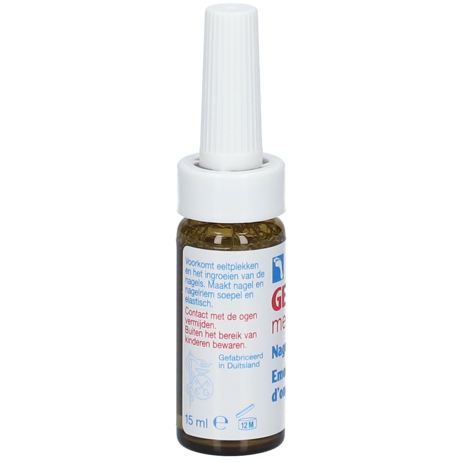 Flacon en verre brun avec applicateur blanc. Texte : GEHWOL med. Emollient d'ongle. 15 ml.