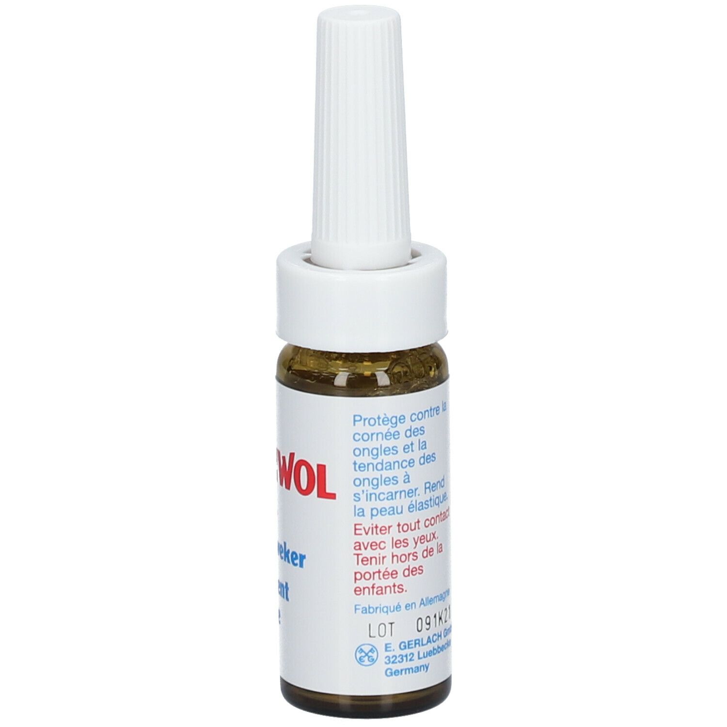 Flacon en verre brun avec applicateur blanc. Texte : GEHWOL med. Emollient d'ongle. Fabriqué en Allemagne.