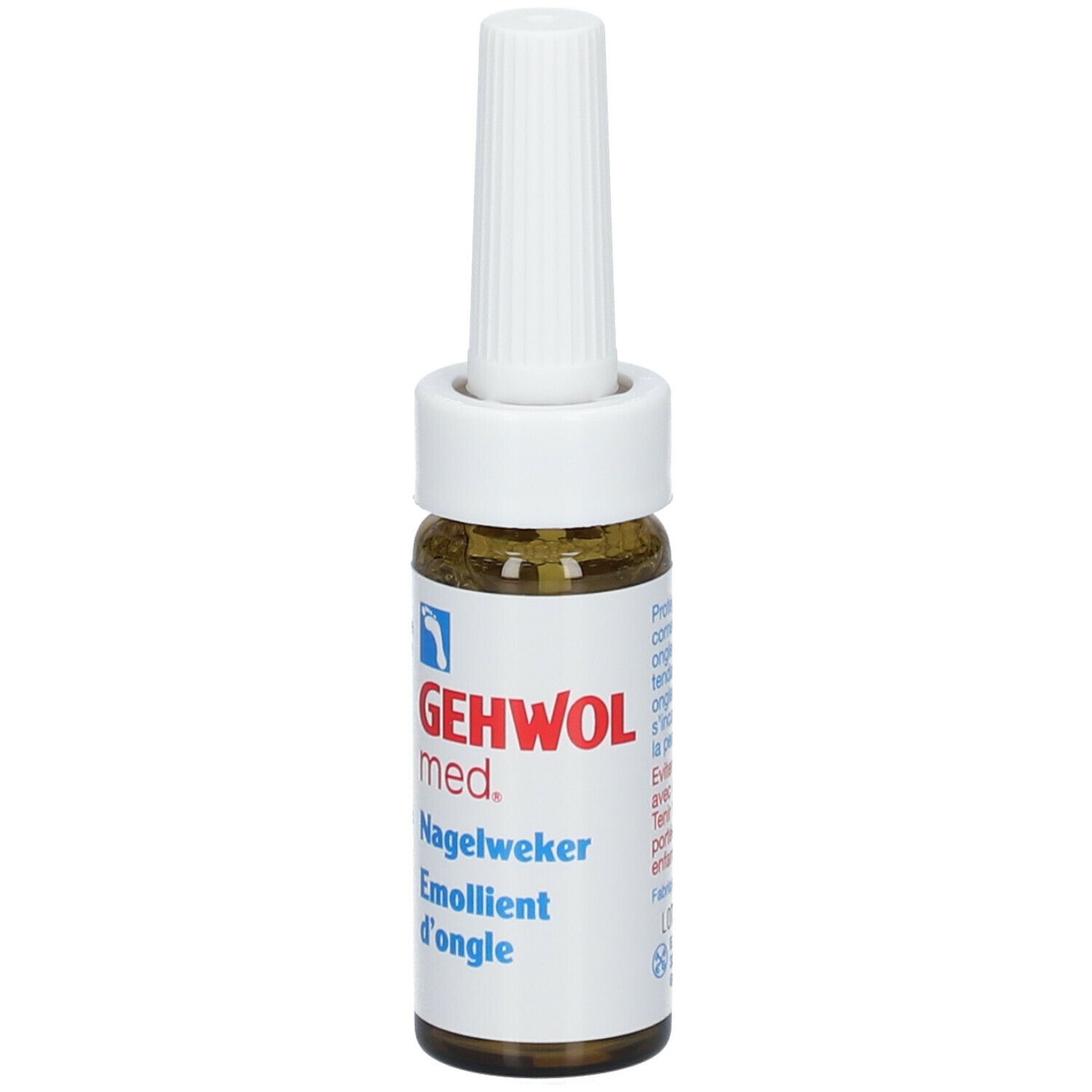 Flacon en verre brun avec applicateur blanc. Inscription : GEHWOL med. Emollient d'ongle. 15 ml.