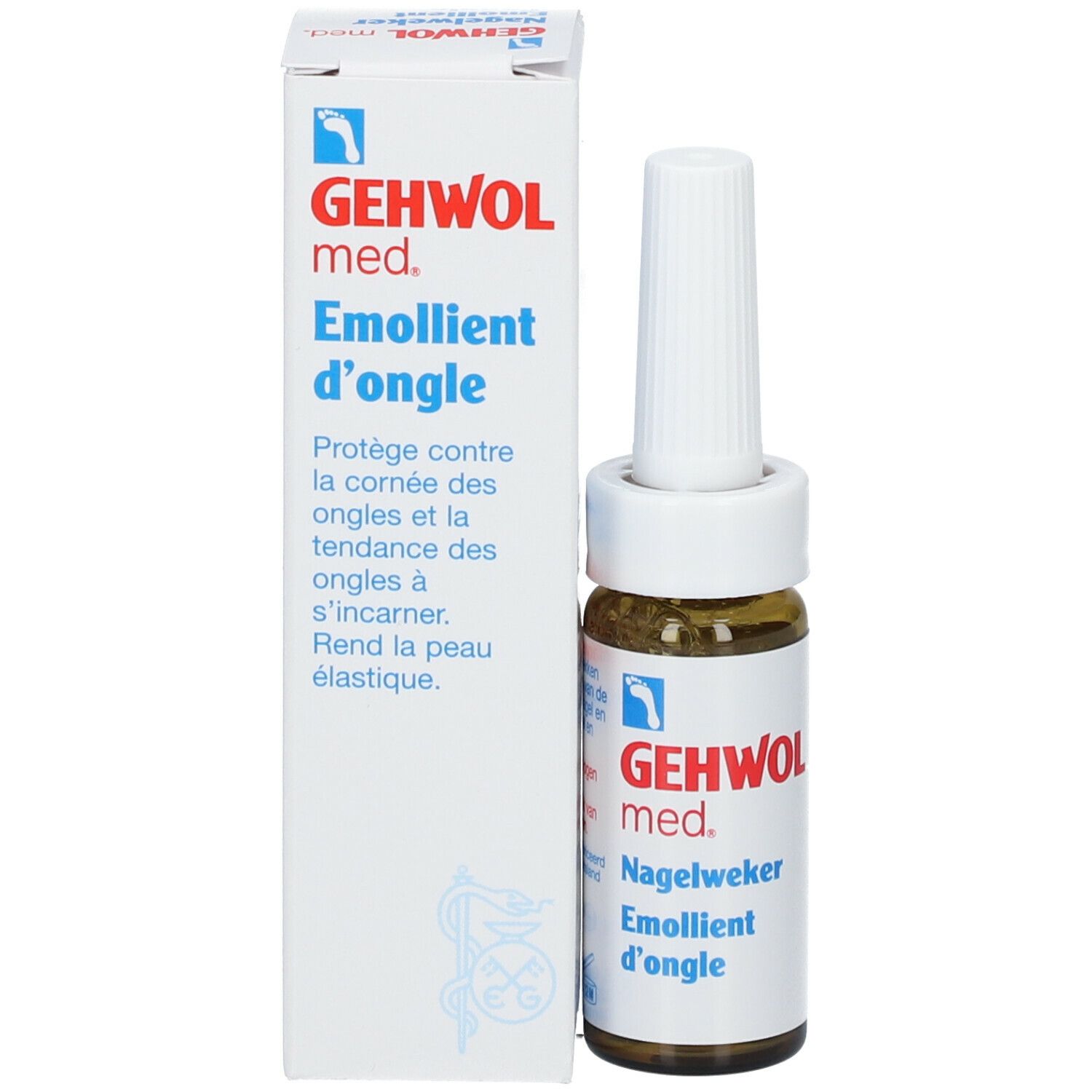 Flacon de produit avec emballage. Emballage : GEHWOL med. Emollient d'ongle. Flacon avec applicateur.
