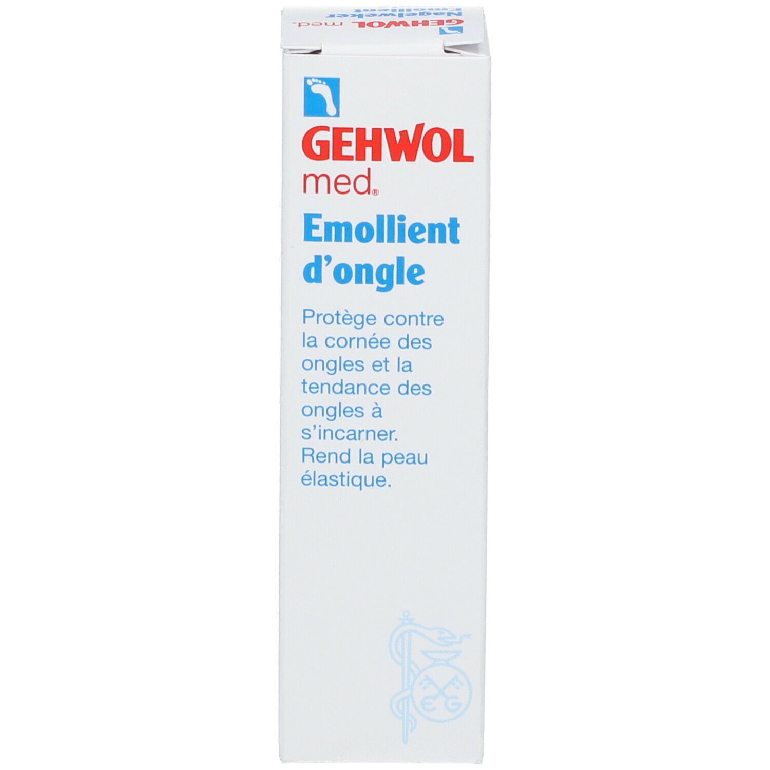 Emballage blanc avec texte bleu et rouge. Texte : GEHWOL med. Emollient d'ongle.