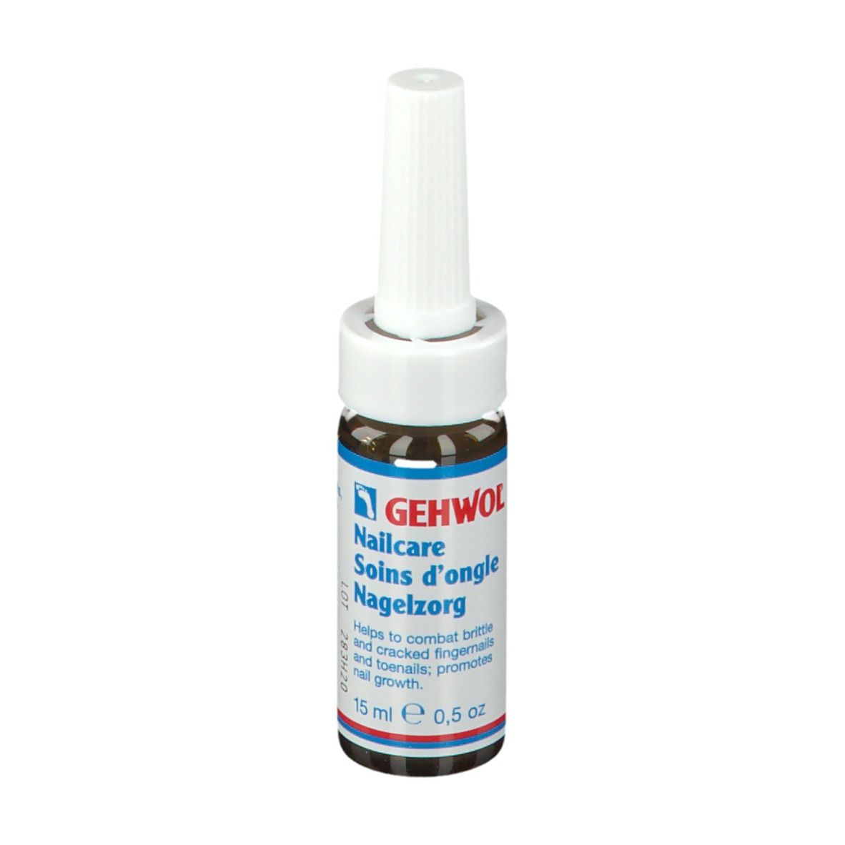 Flacon en verre brun avec bouchon blanc. Inscription: GEHWOL Nailcare, 15 ml.