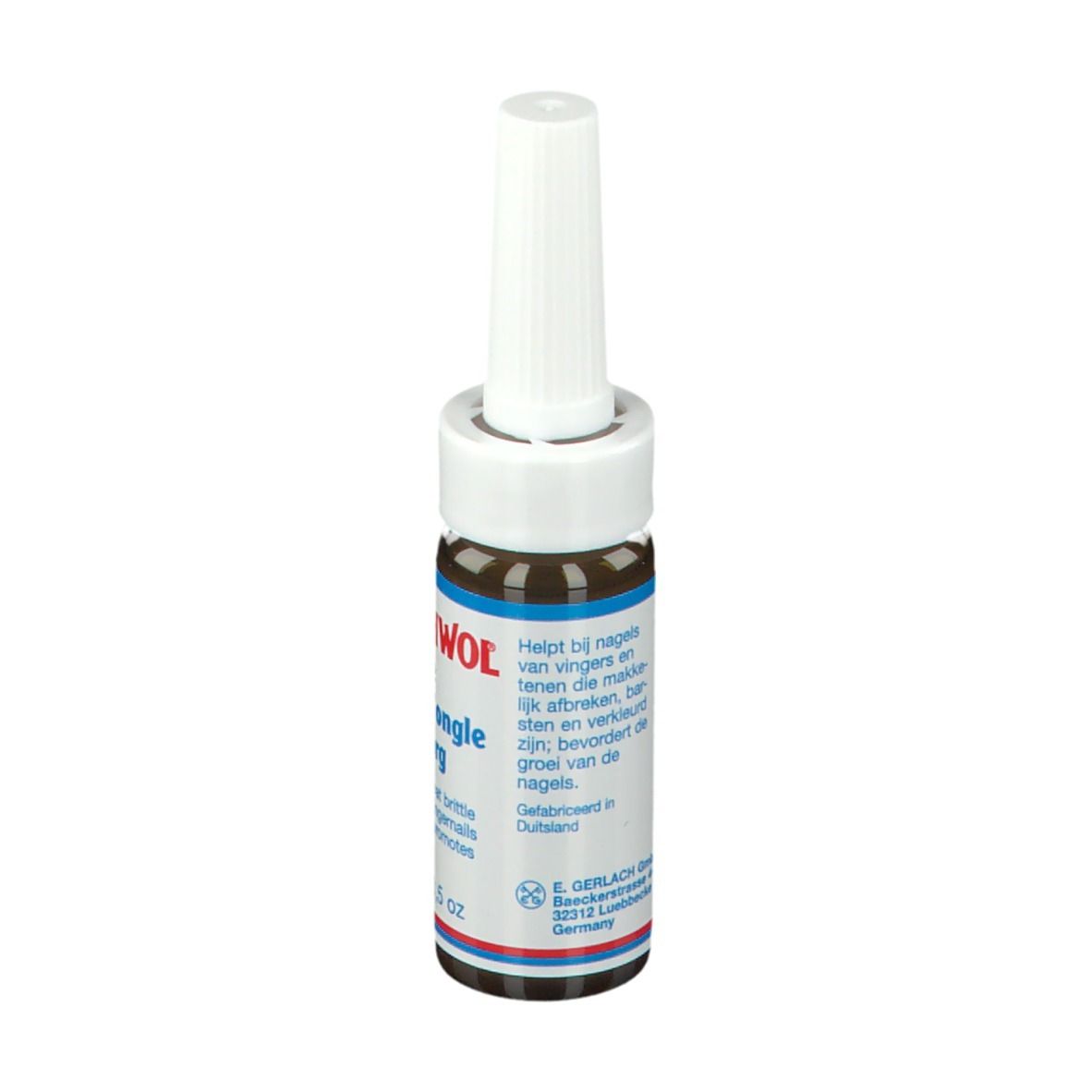 Flacon en verre brun avec bouchon blanc. Inscription: GEHWOL Nailcare, 15 ml.