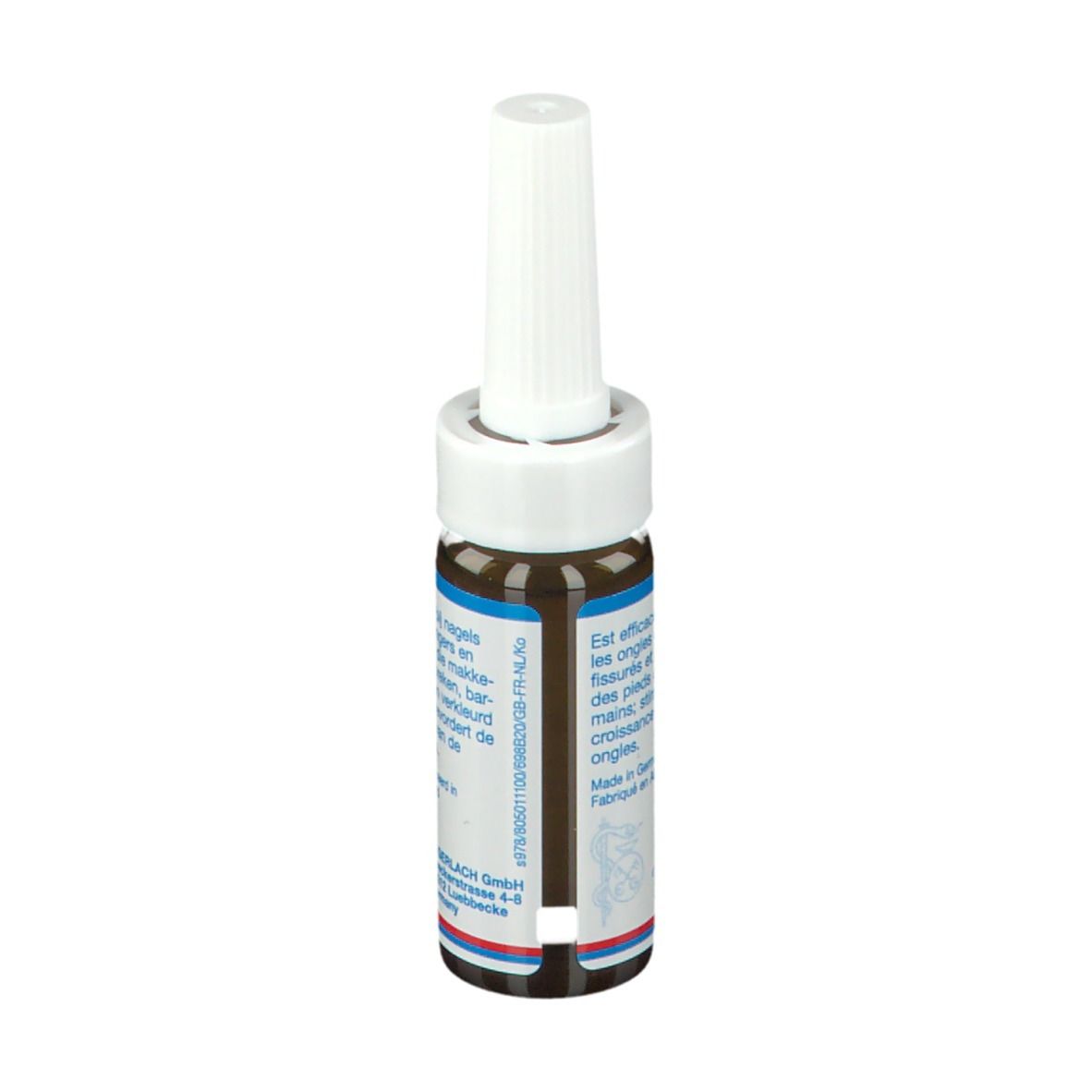 Flacon en verre brun avec bouchon blanc. Inscription: GEHWOL Nailcare, 15 ml.