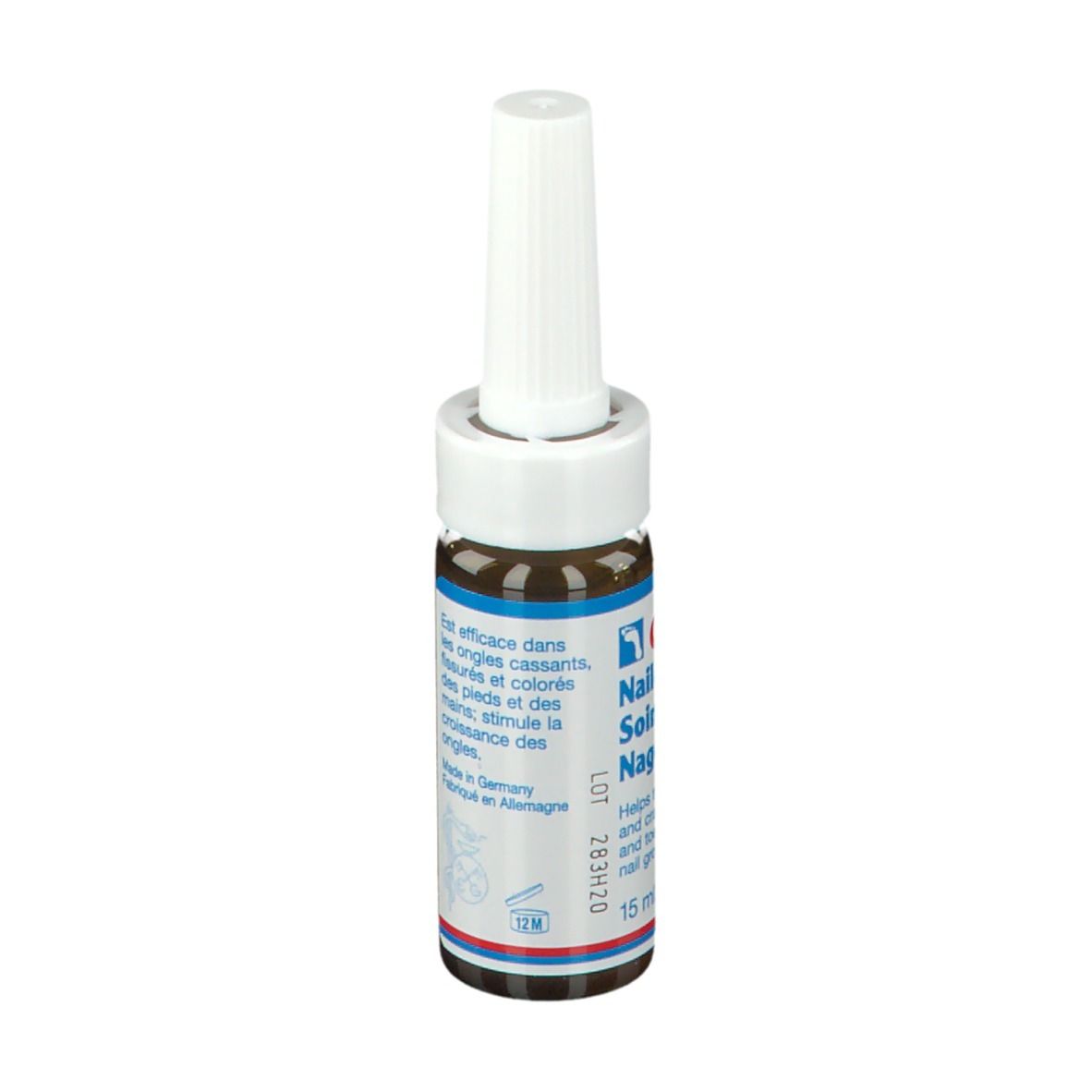 Flacon en verre brun avec bouchon blanc. Inscription: GEHWOL Nailcare, 15 ml.
