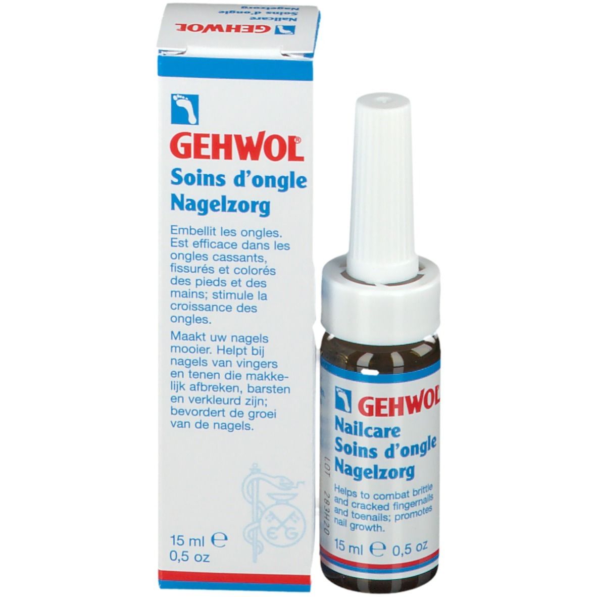 Flacon avec emballage en carton. Inscription: GEHWOL Soins d'ongle, 15 ml.