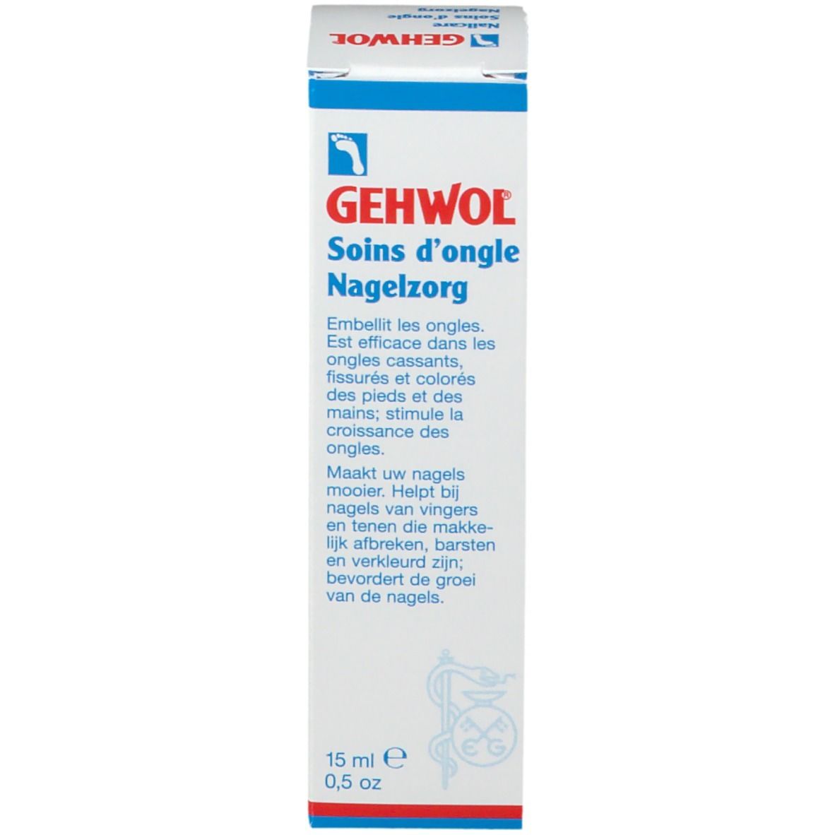 Emballage en carton avec flacon. Inscription: GEHWOL Soins d'ongle, 15 ml.