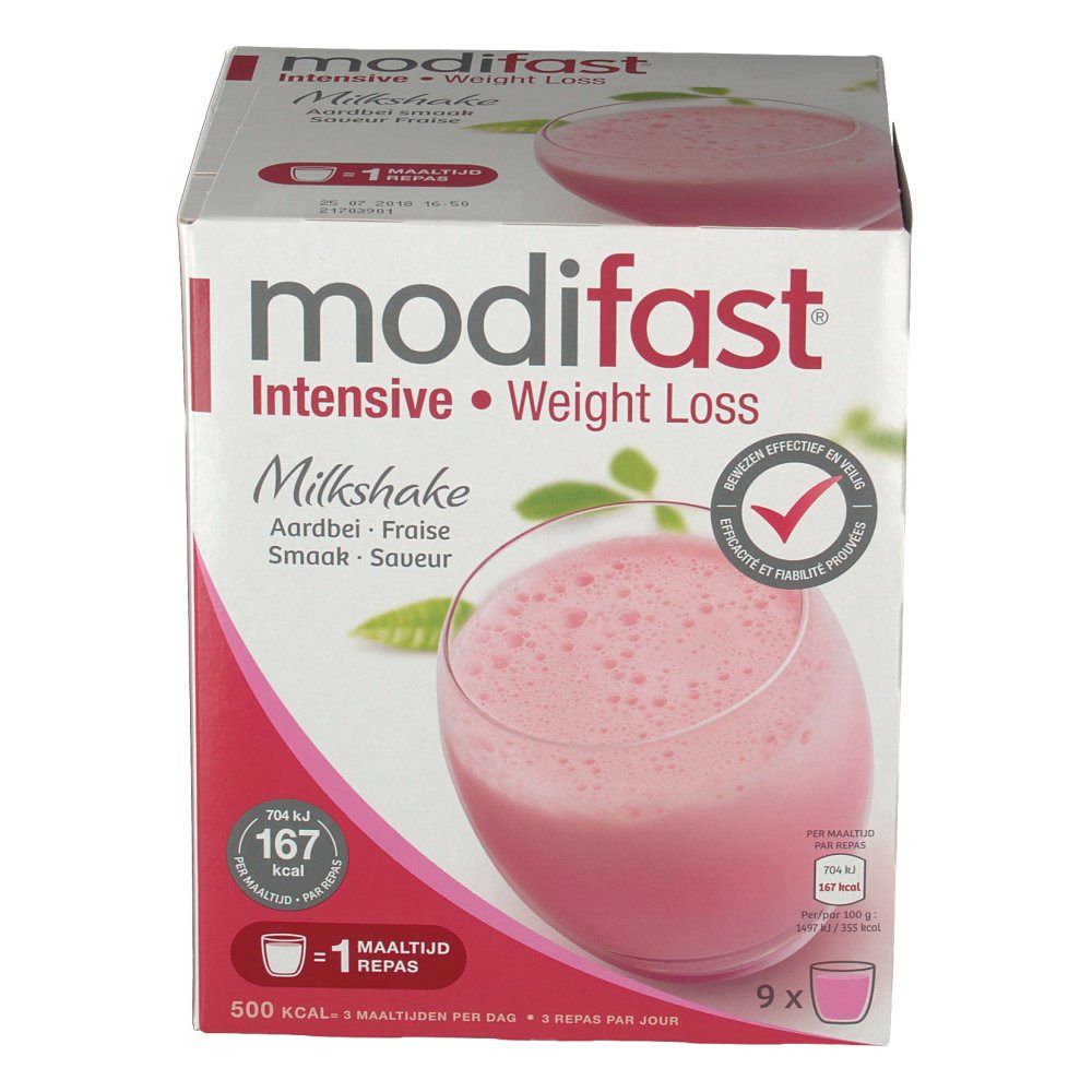 Modifast Intensive Milkshake Fraise. Kartonnen doos met productafbeelding en tekst. Bevat 9 porties.