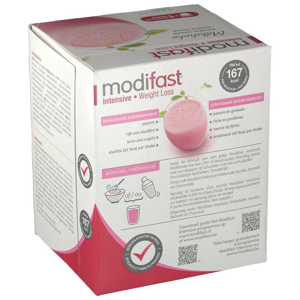 Modifast Intensive Milkshake Fraise. Kartonnen doos, achterkant met tekst en voedingswaarde. 9 porties.