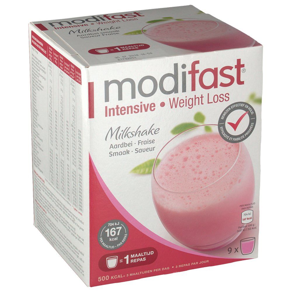 Modifast Intensive Milkshake Fraise. Kartonnen doos met productafbeelding en tekst. Bevat 9 porties.