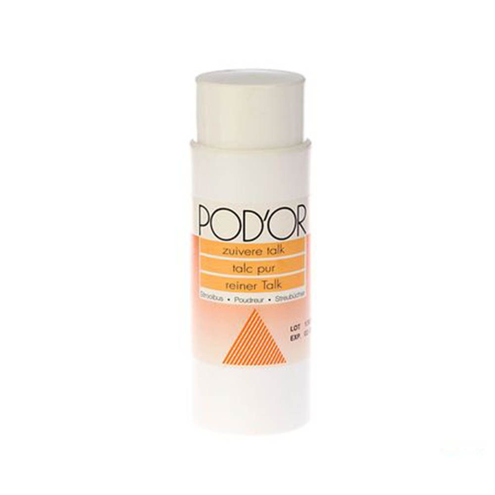 Petit emballage de talc blanc avec étiquette orange. Inscription: POD´OR, talc, poudre, talc pur. Motif triangulaire.