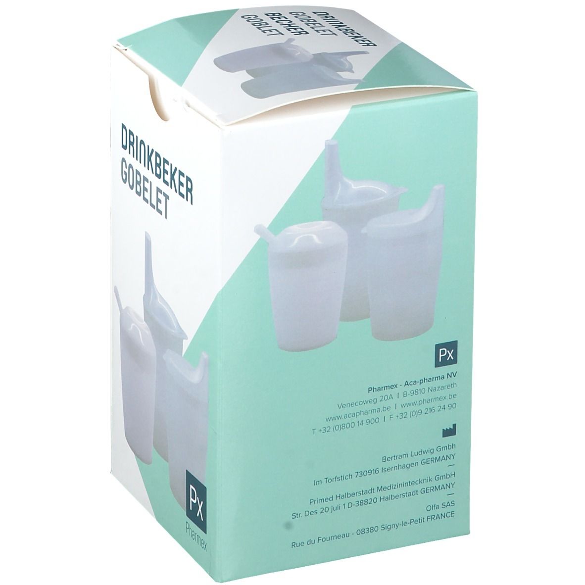 Boîte de gobelets en plastique blanc. Inscription : Drinkbeker, Goblet, Px, PharmeX. Adresse du fabricant.