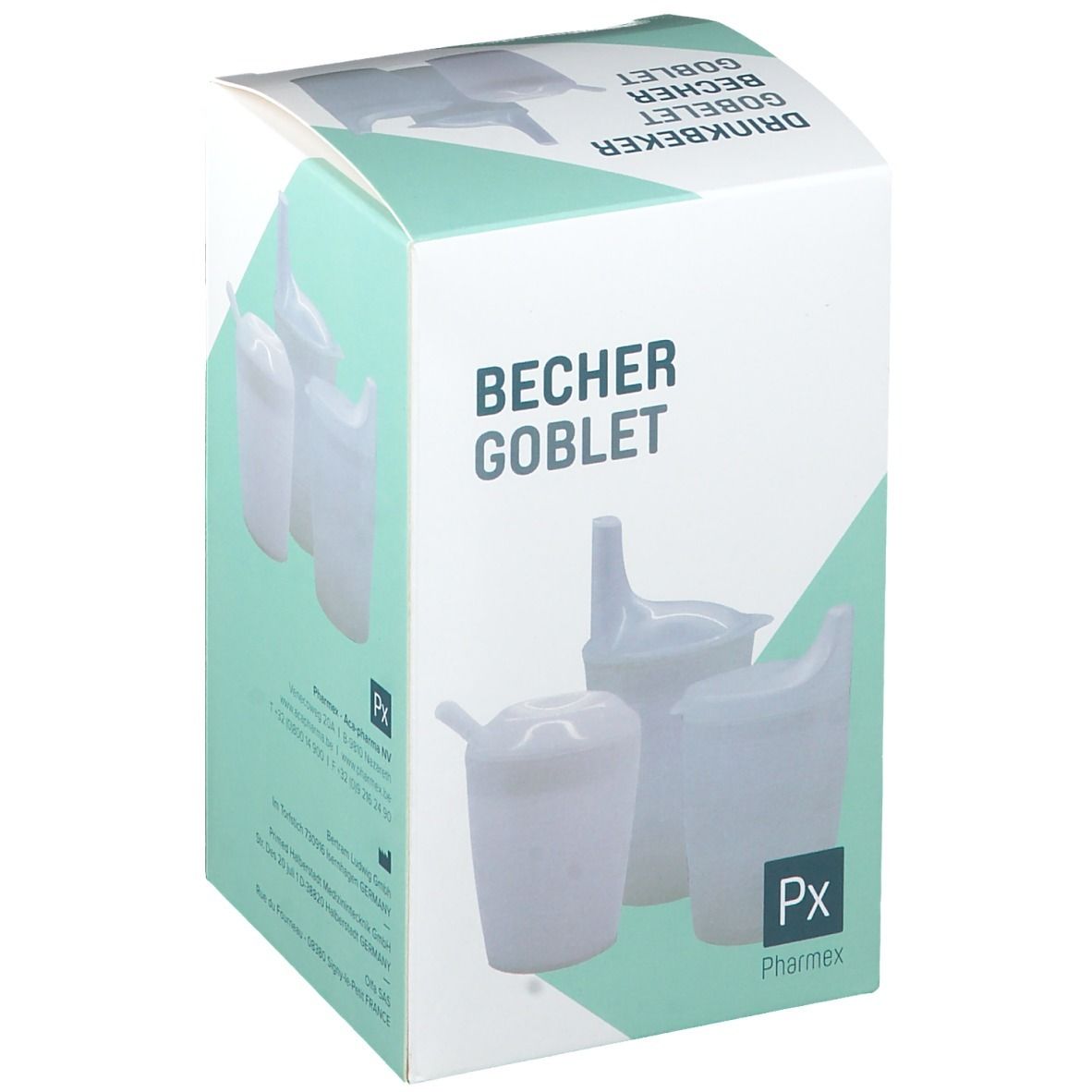 Boîte de gobelets en plastique blanc. Inscription : Becher, Goblet, Px, PharmeX. Illustrations de gobelets.