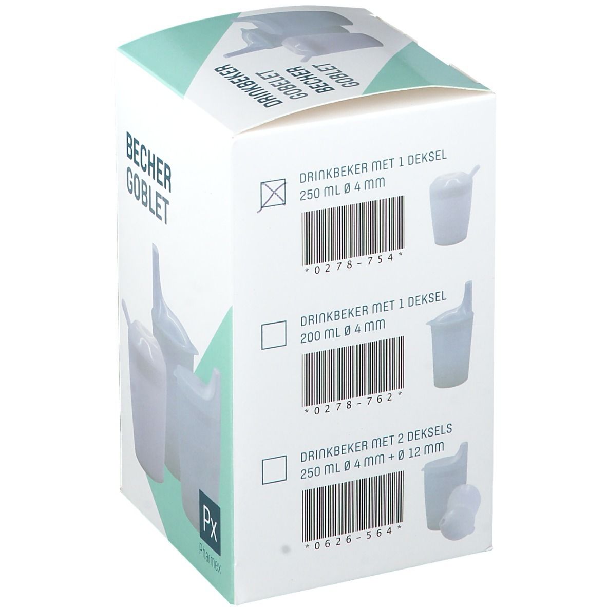 Boîte de gobelets en plastique blanc. Inscription : Becher, Goblet, Px, PharmeX. Codes-barres et informations produit.