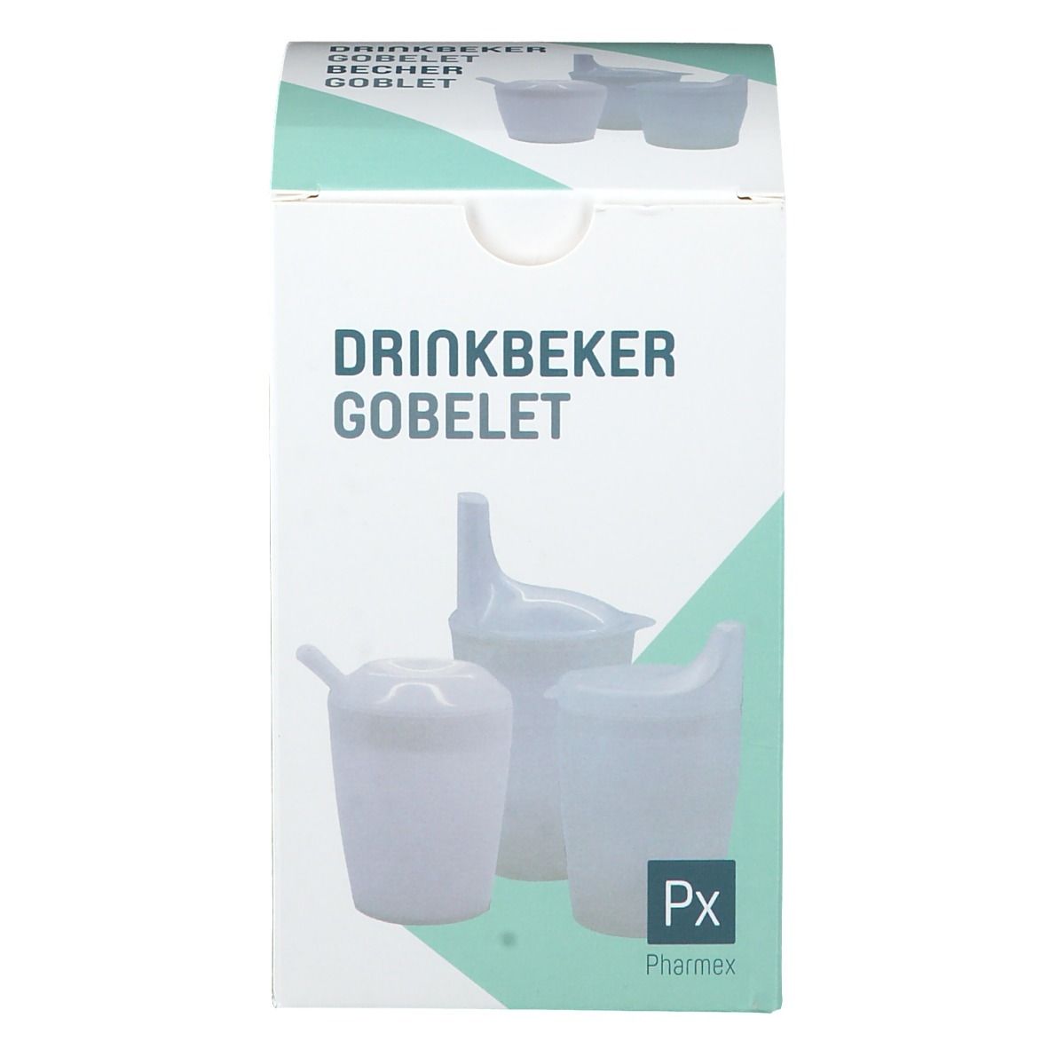 Boîte de gobelets en plastique blanc. Inscription : Drinkbeker, Goblet, Px, PharmeX. Illustrations de gobelets.