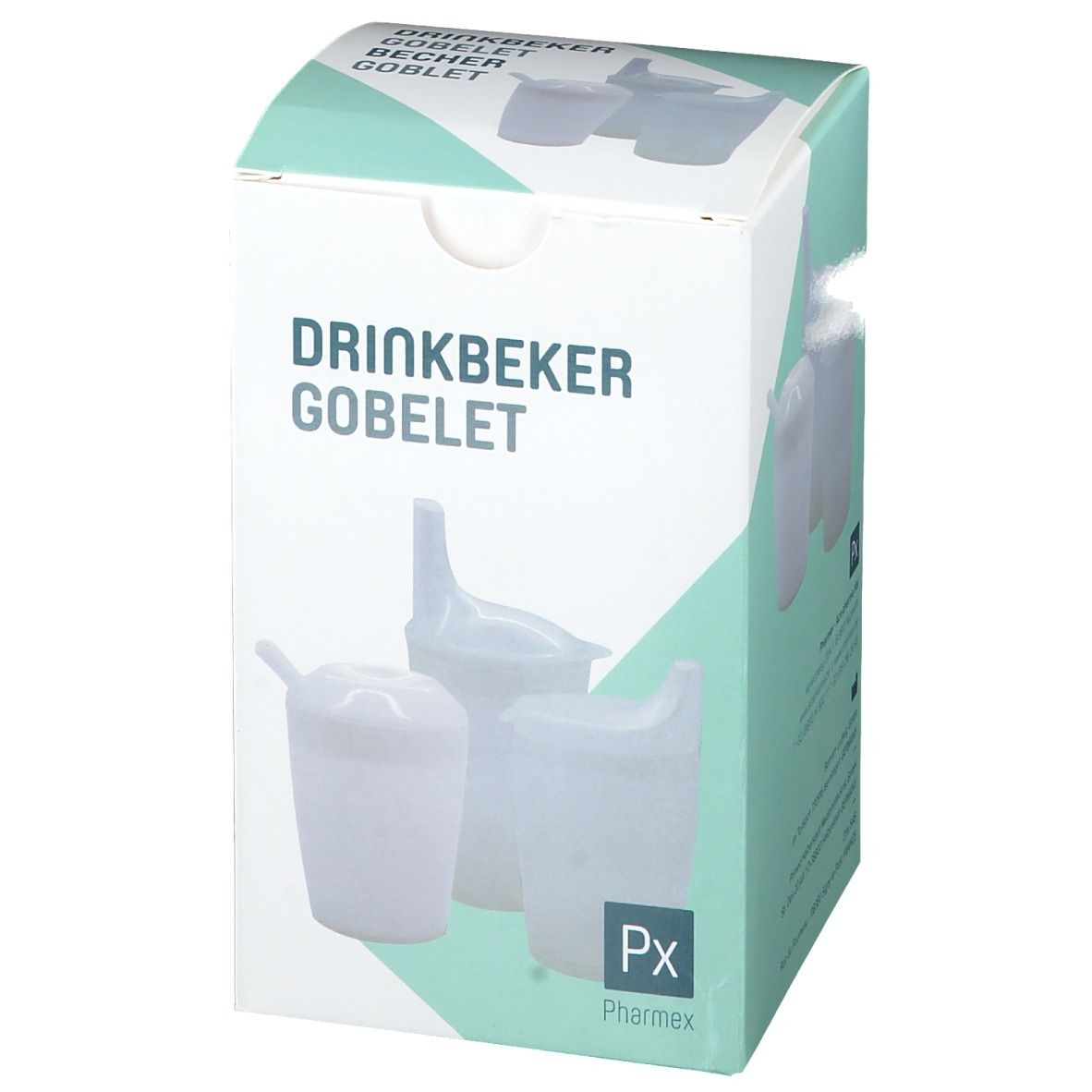 Boîte de gobelets en plastique blanc. Inscription : Drinkbeker, Goblet, Px, PharmeX. Illustrations de gobelets.