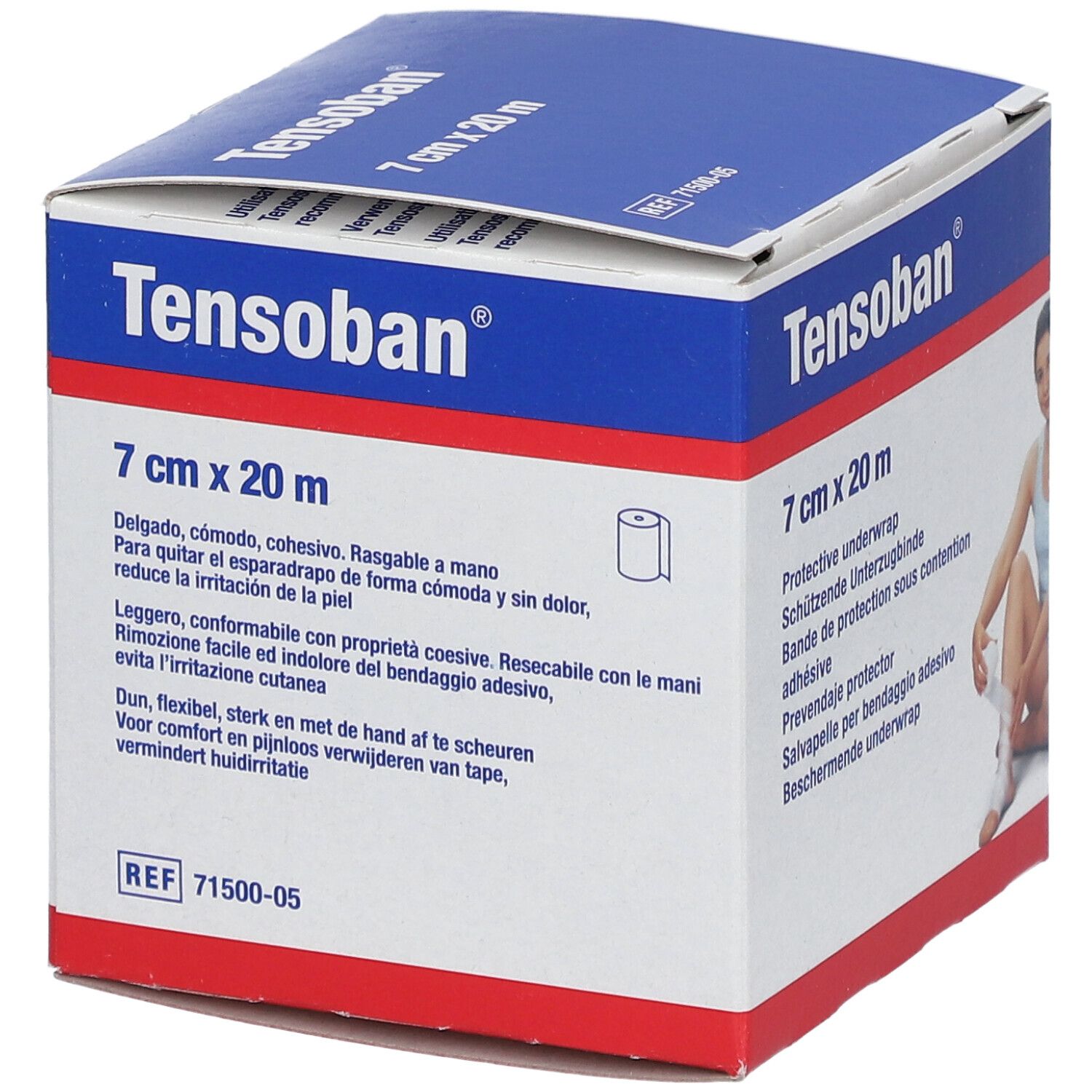 Tensoban® Unterzugbinde, 7 cm x 20 m. Verpackung mit Produktinformationen in verschiedenen Sprachen.