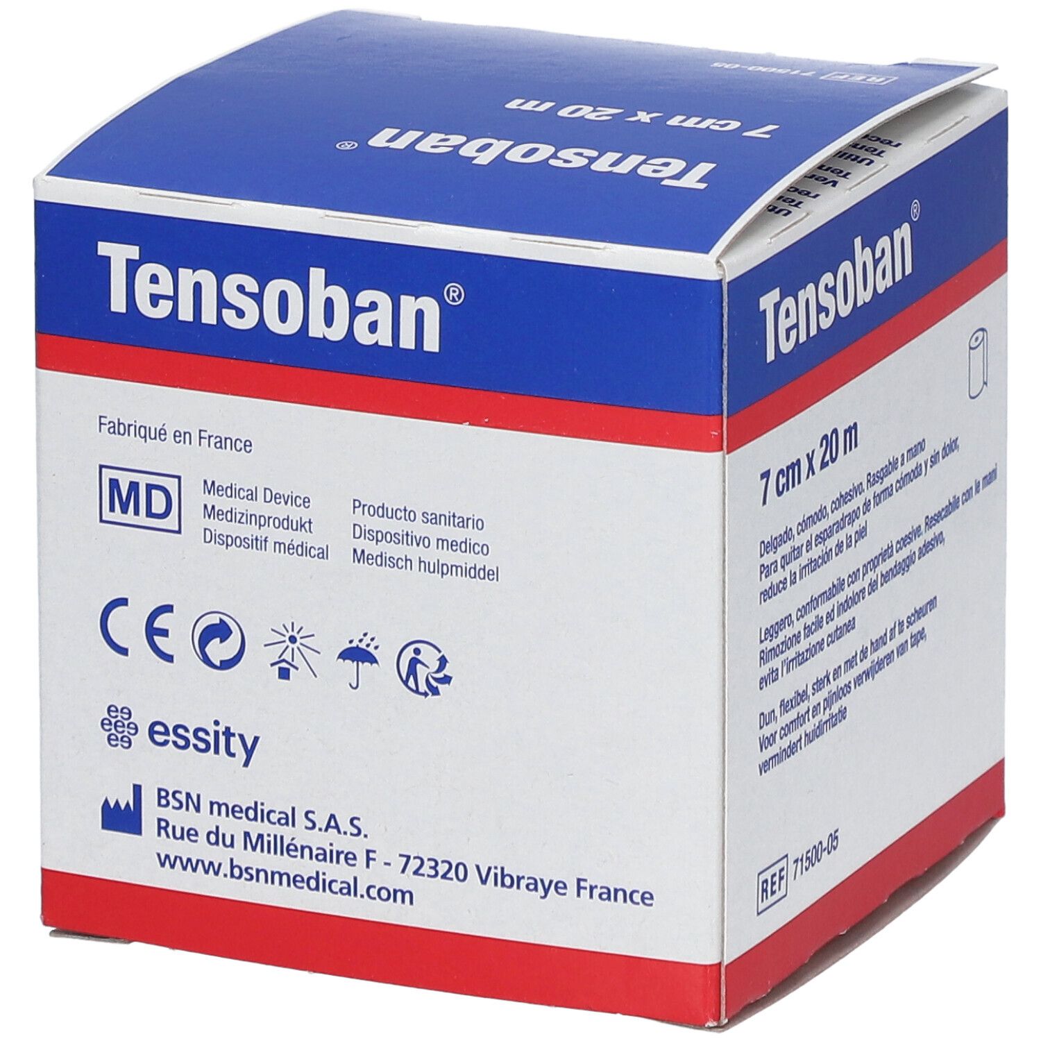 Tensoban® Unterzugbinde, 7 cm x 20 m. Verpackung mit CE-Kennzeichnung und Herstelleradresse.