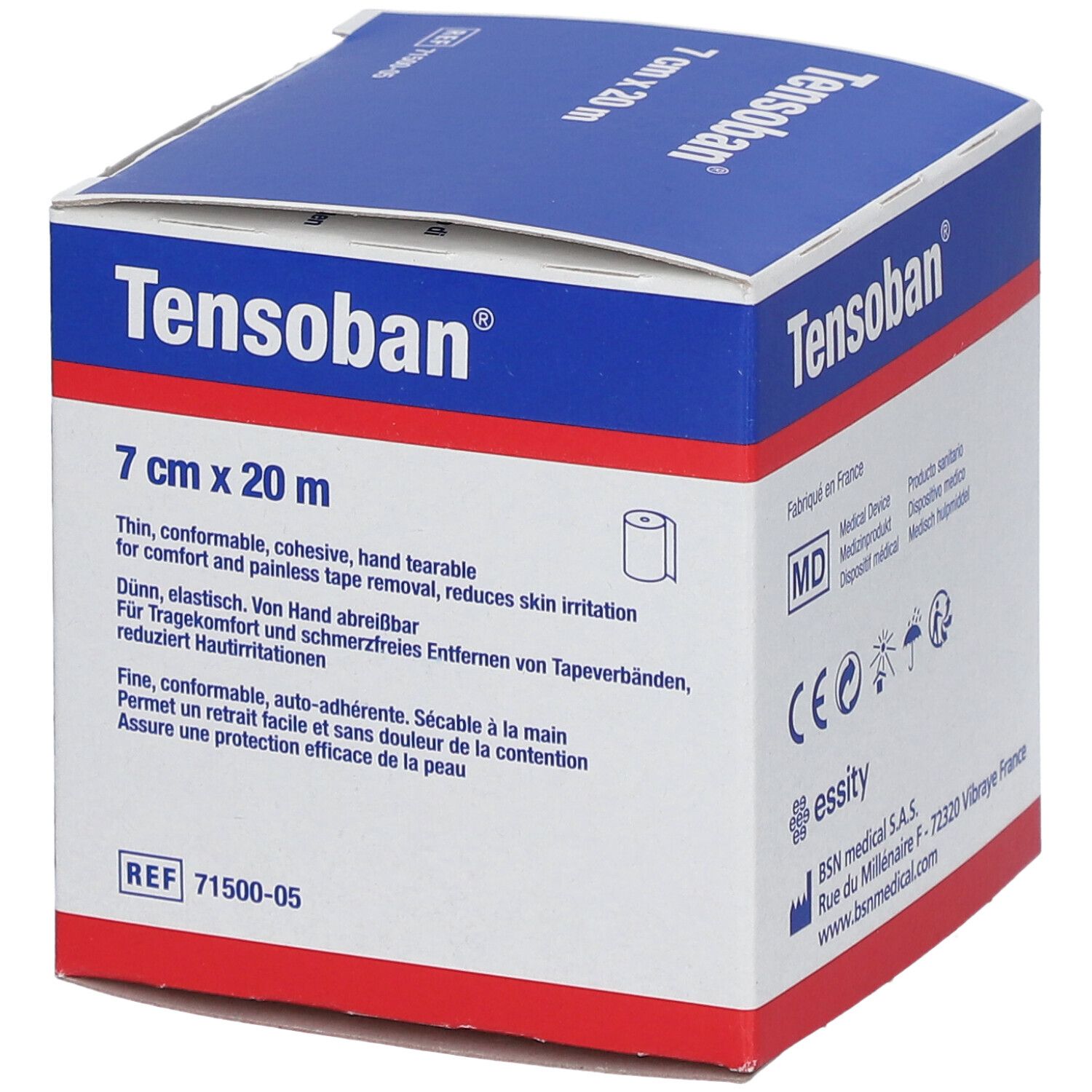 Tensoban® Unterzugbinde, 7 cm x 20 m. Verpackung mit Produktmerkmalen und CE-Kennzeichnung.