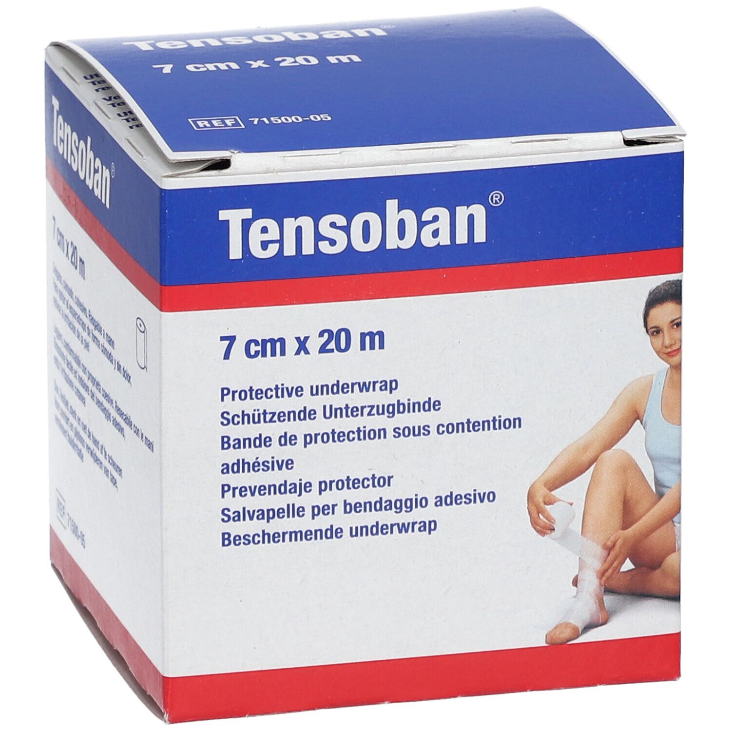 Tensoban® Unterzugbinde, 7 cm x 20 m. Verpackung mit Produktabbildung und Frau beim Anlegen.