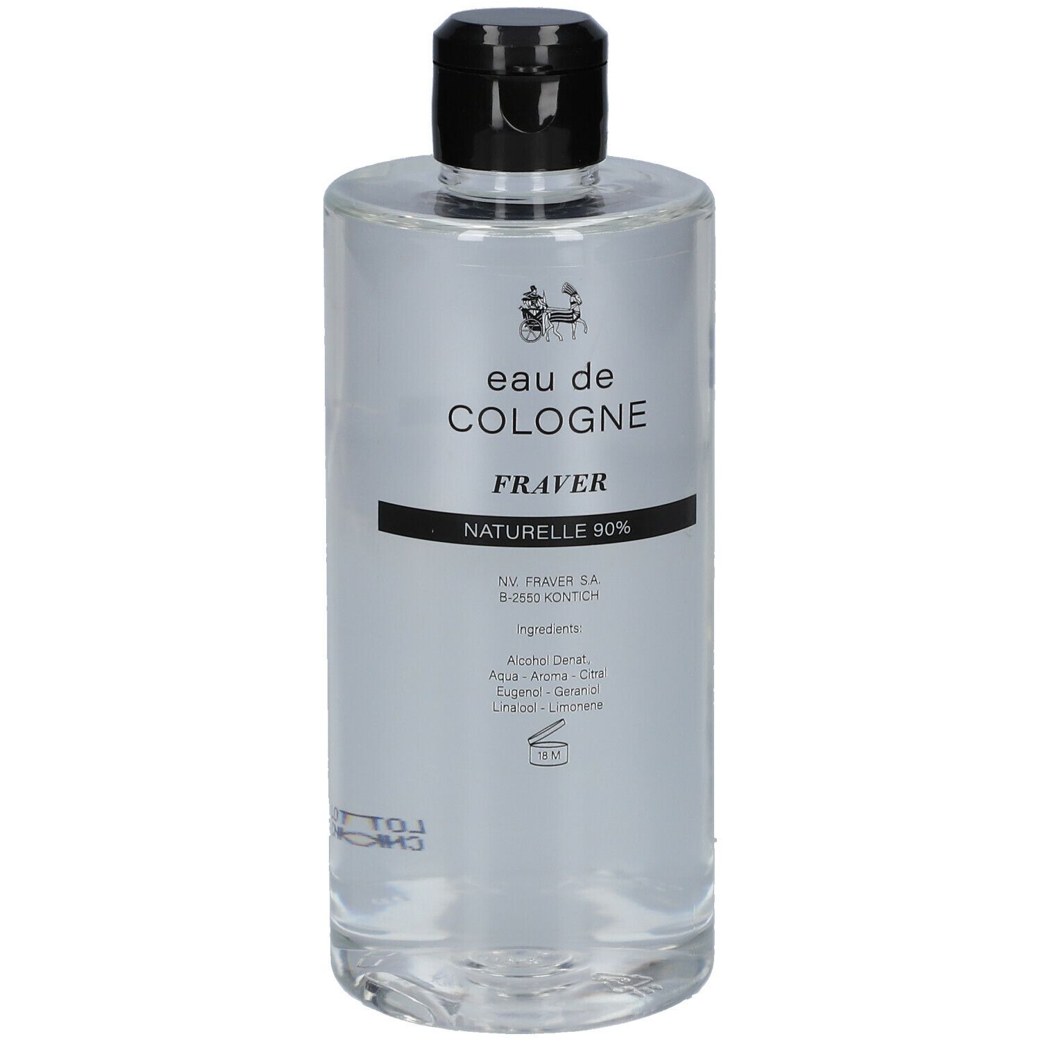 Flacon transparent avec bouchon noir. Inscription: eau de cologne, Fraver, Naturelle 90%.