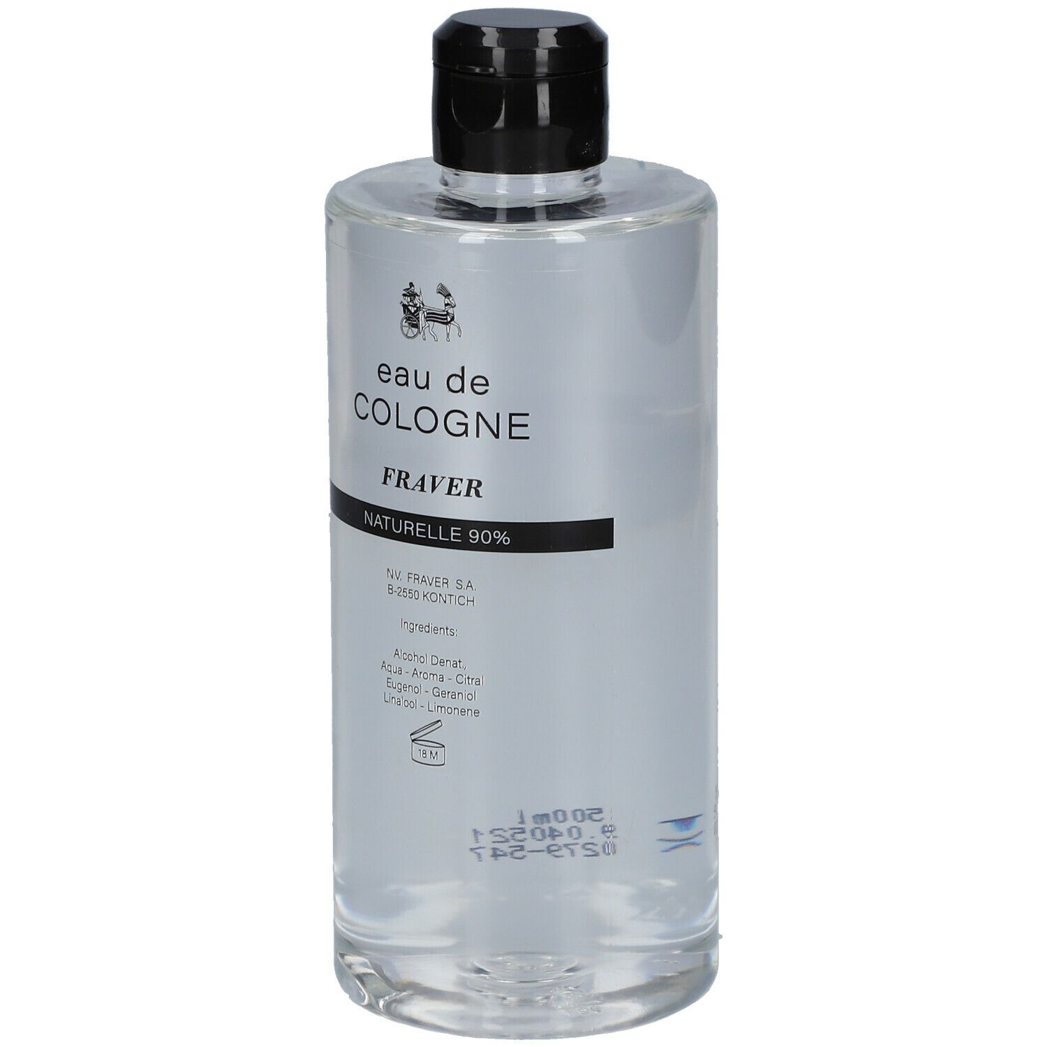 Flacon transparent avec bouchon noir. Inscription: eau de cologne, Fraver, Naturelle 90%.