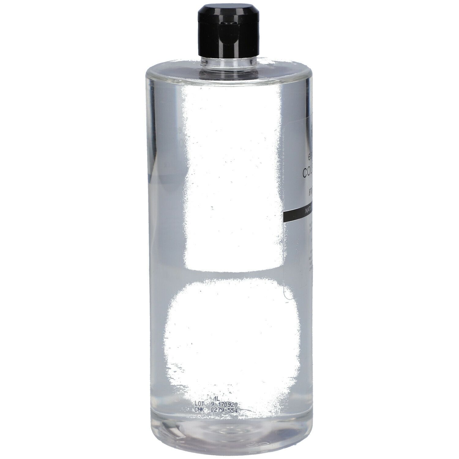 Flacon transparent avec bouchon noir. Étiquette avec texte.