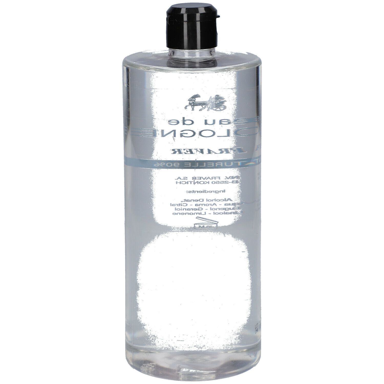 Flacon transparent avec bouchon noir. Inscription: eau de COLOGNE, FRAVER, NATURELLE 90%.