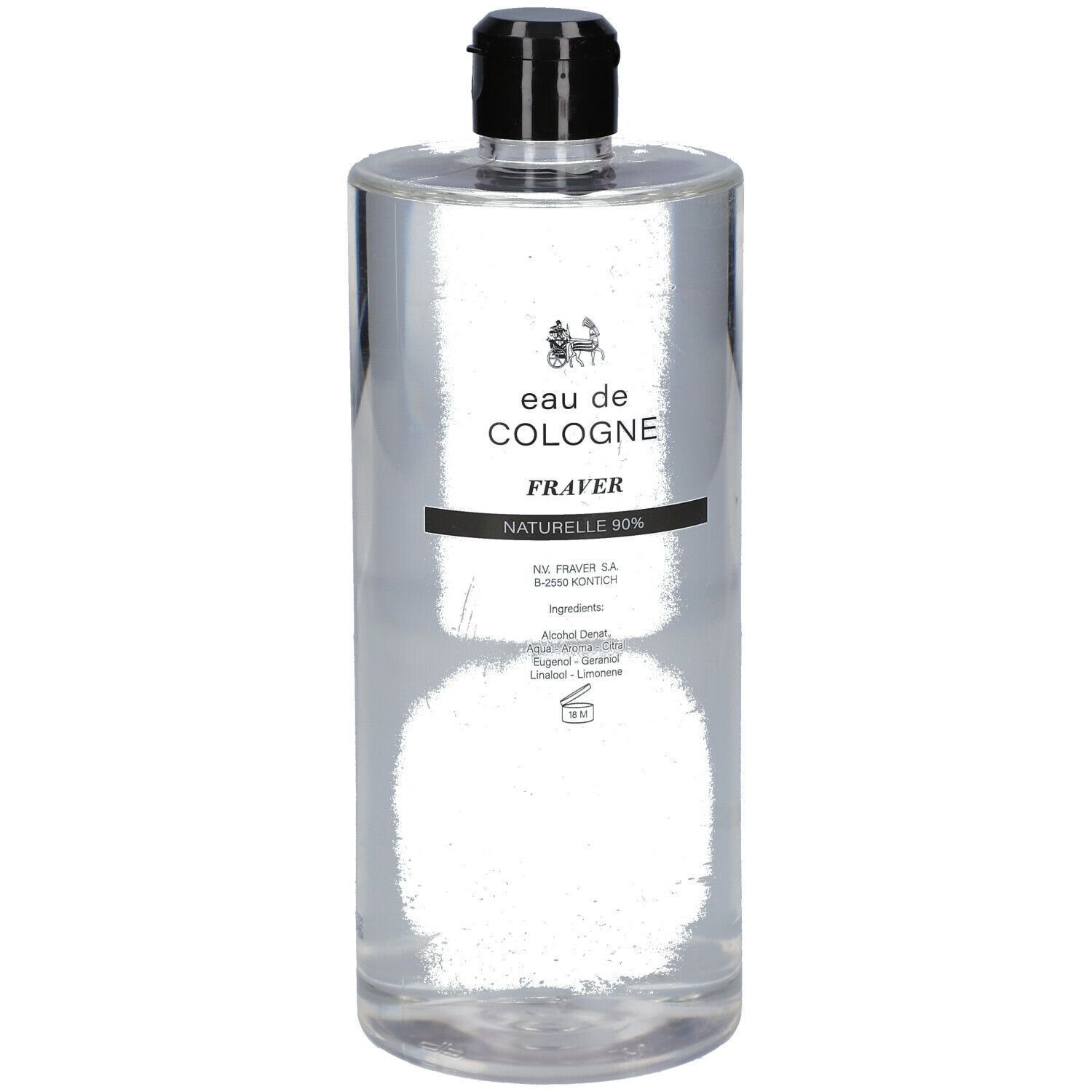 Flacon transparent avec bouchon noir. Inscription: eau de COLOGNE, FRAVER, NATURELLE 90%.