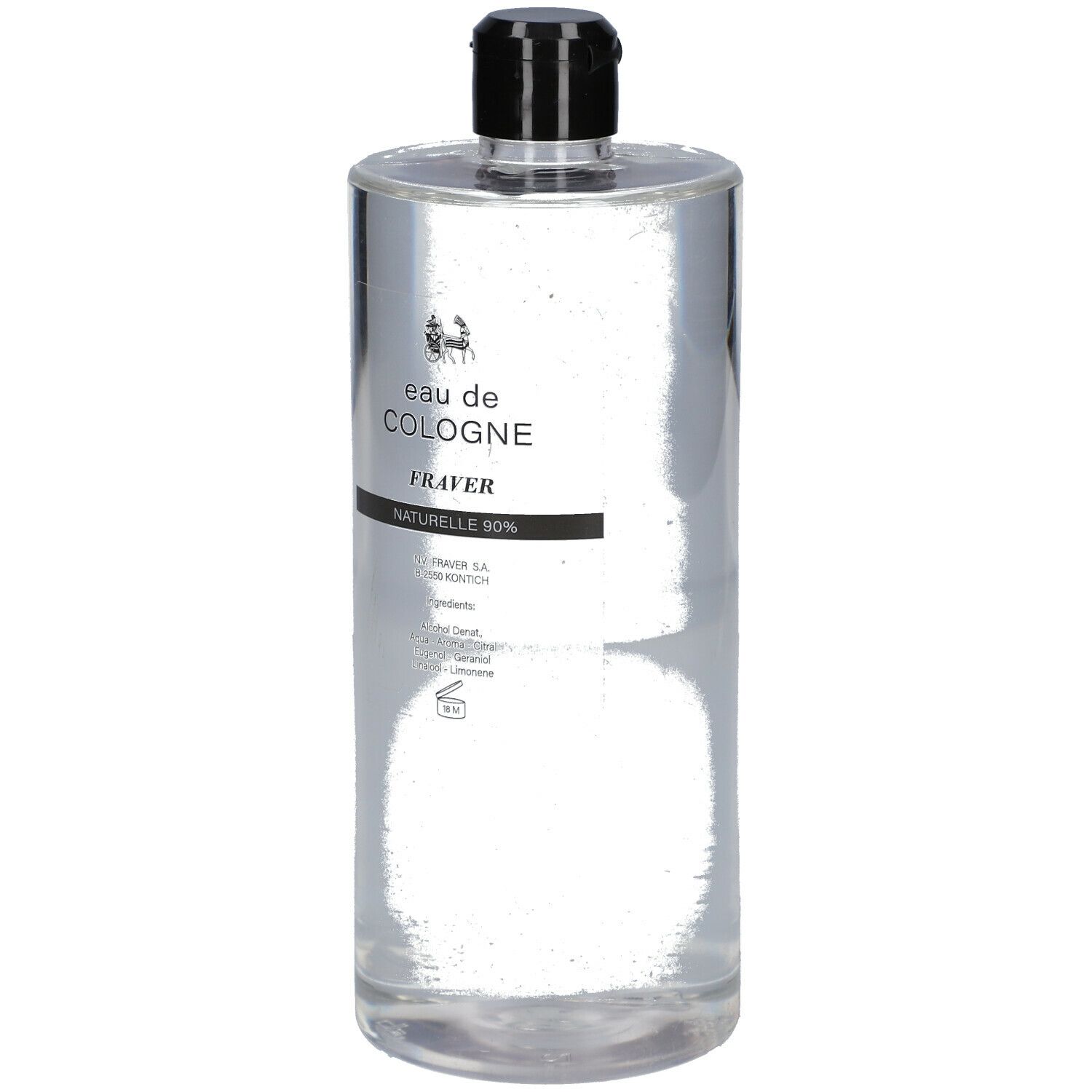 Flacon transparent avec bouchon noir. Inscription: eau de COLOGNE, FRAVER, NATURELLE 90%.