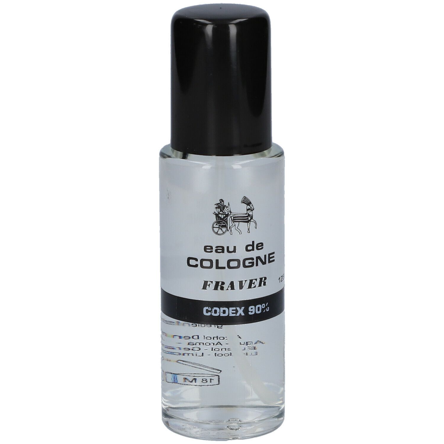 Flacon transparent avec bouchon noir. Inscription: eau de COLOGNE FRAVER, CODEX 90%.