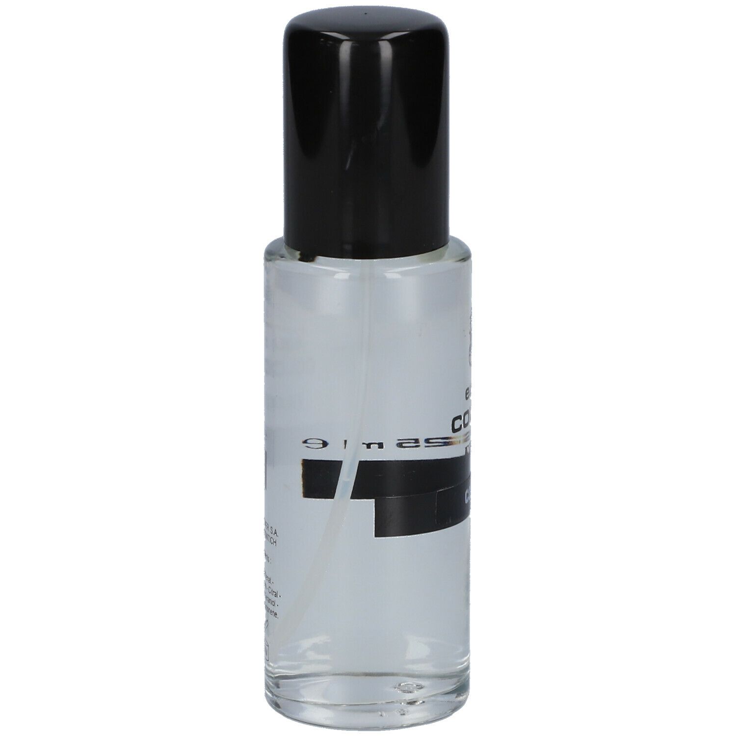 Flacon transparent avec bouchon noir. Inscription: eau de COLOGNE FRAVER.