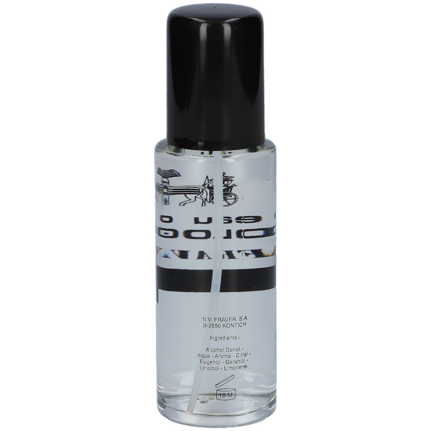 Flacon transparent avec bouchon noir. Inscription: eau de COLOGNE FRAVER.