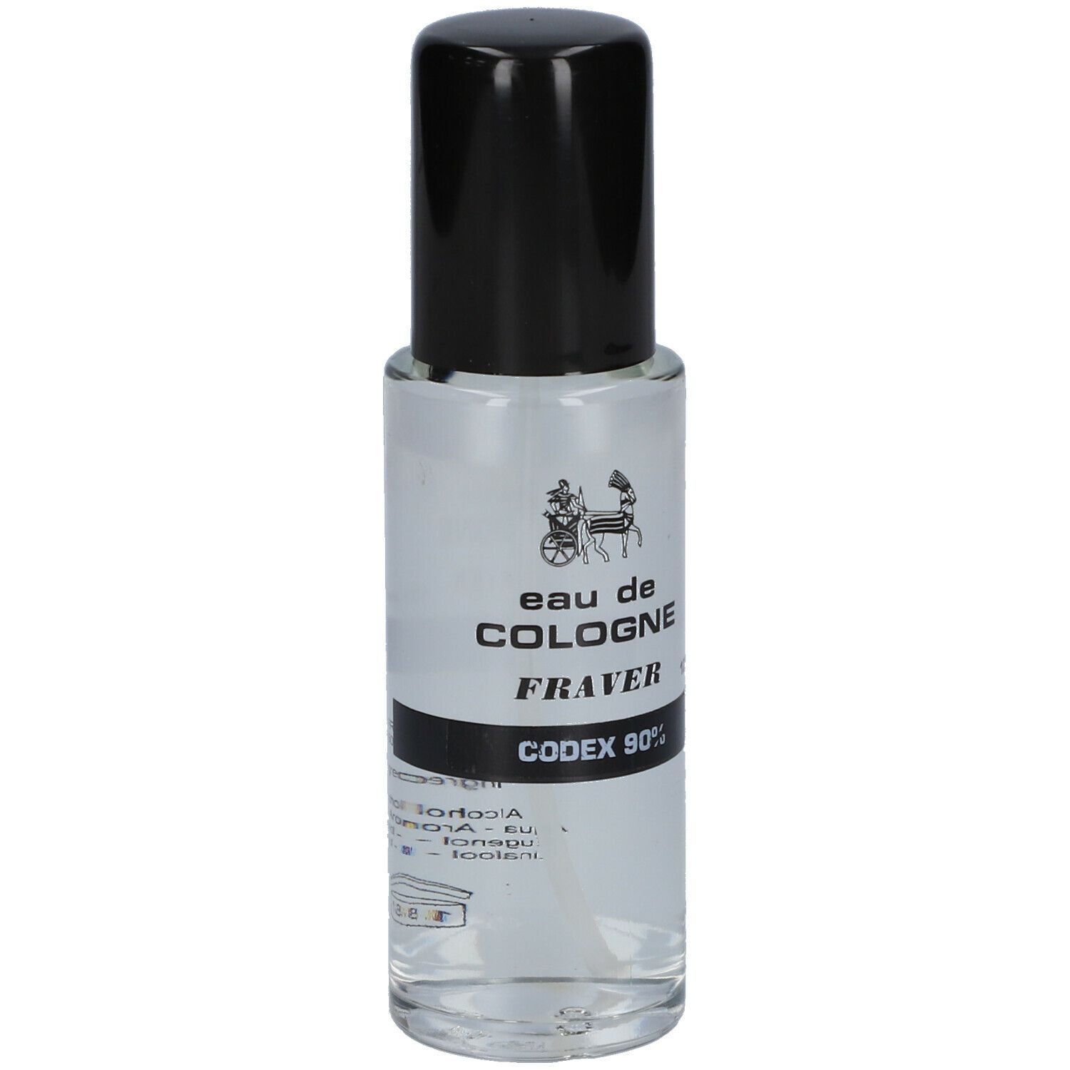Flacon transparent avec bouchon noir. Inscription: eau de COLOGNE FRAVER, CODEX 90%.