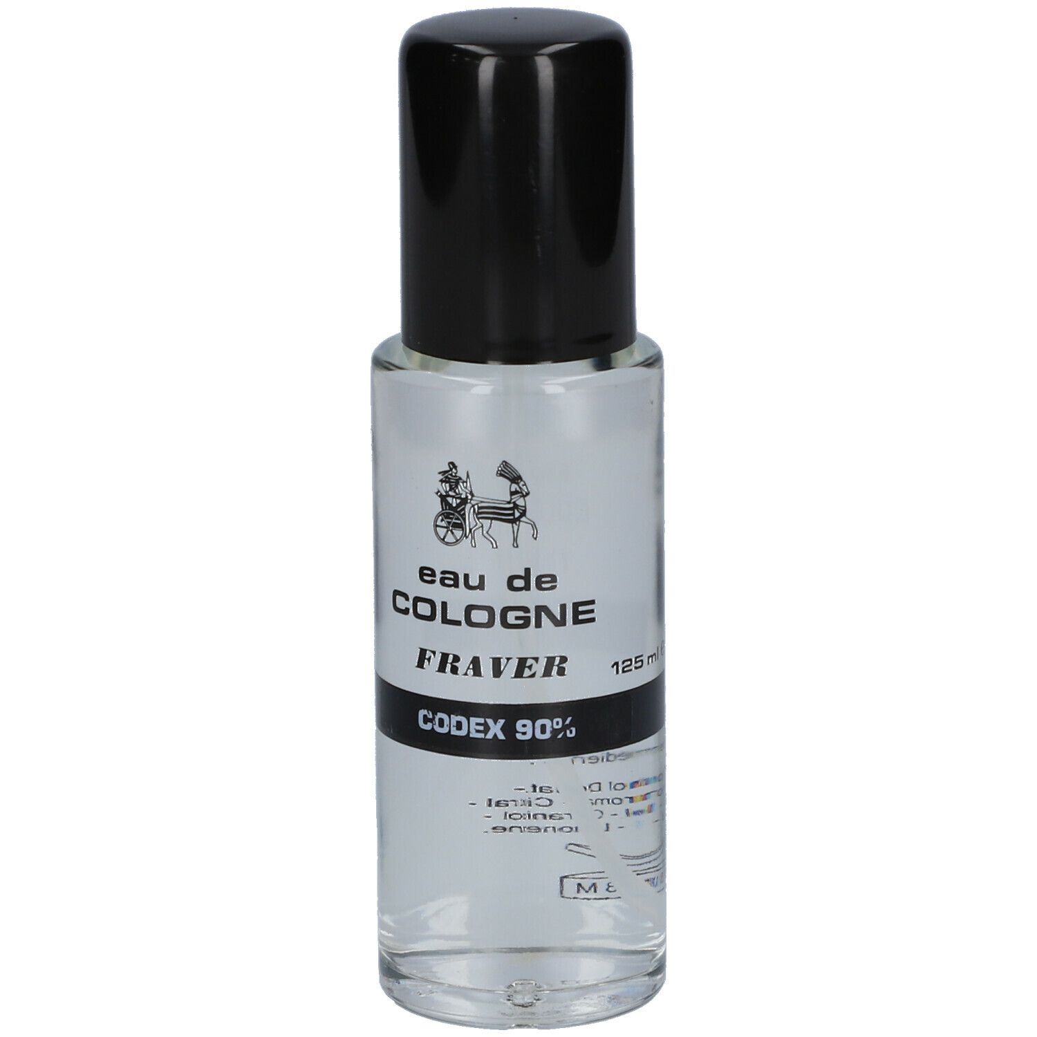 Flacon transparent avec bouchon noir. Inscription: eau de COLOGNE FRAVER, 125 ml.