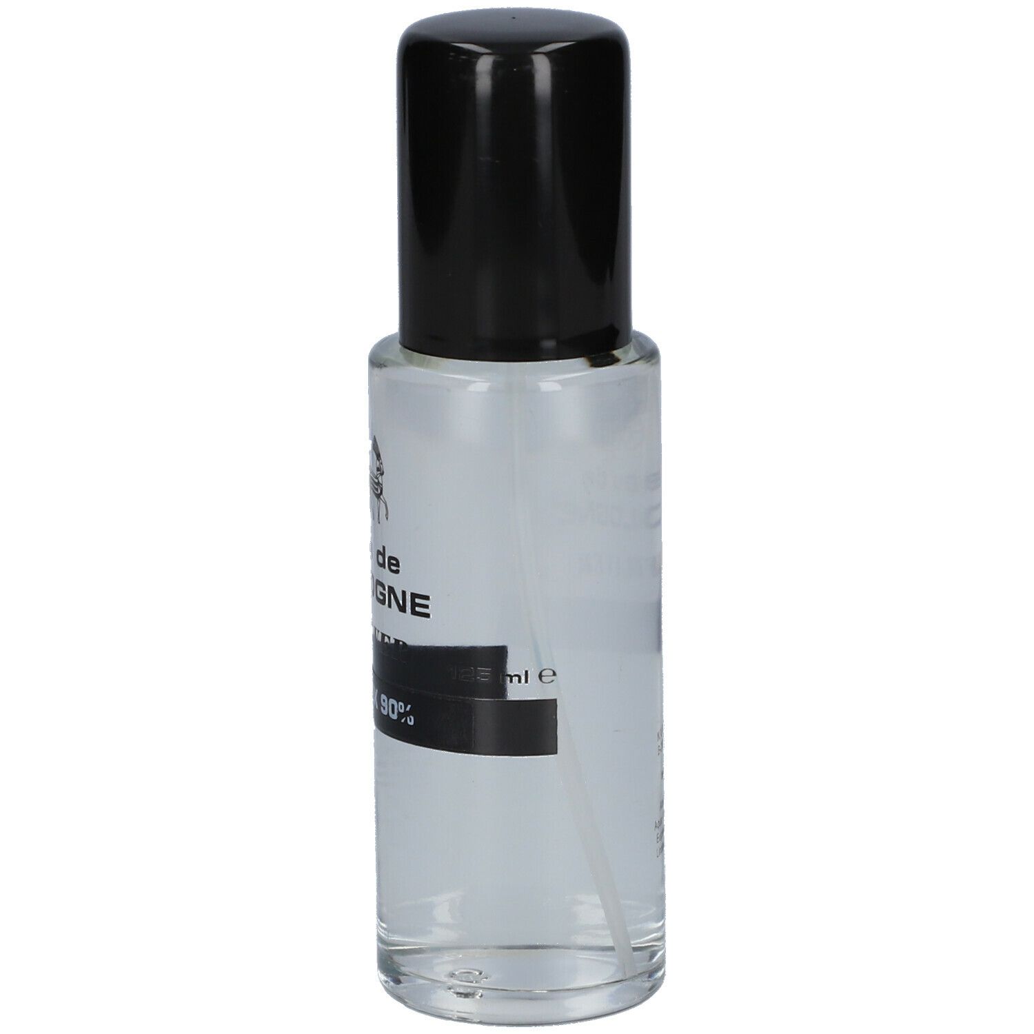 Flacon transparent avec bouchon noir. Inscription: eau de COLOGNE FRAVER, CODEX 90%.