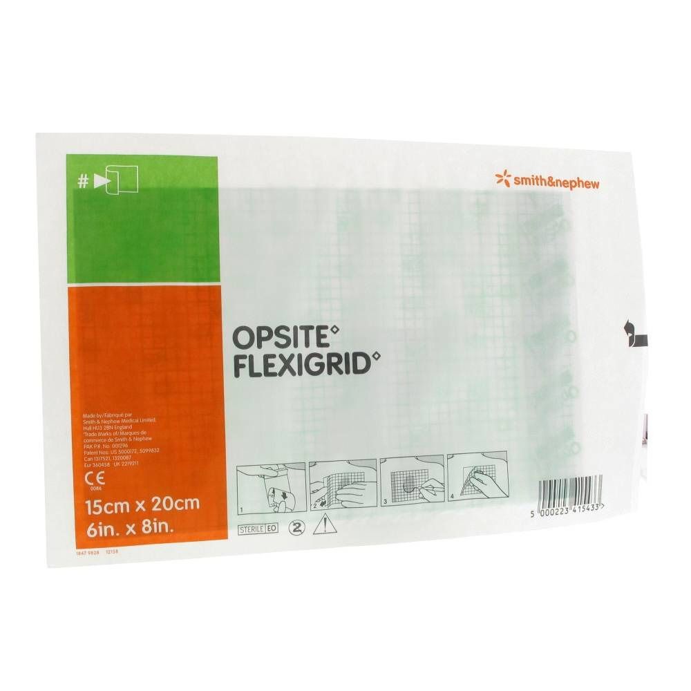Verpackung von Smith & Nephew OPSITE FLEXIGRID. Größe: 15 x 20 cm. Mit CE-Kennzeichnung. Enthält Anweisungen und Barcode.