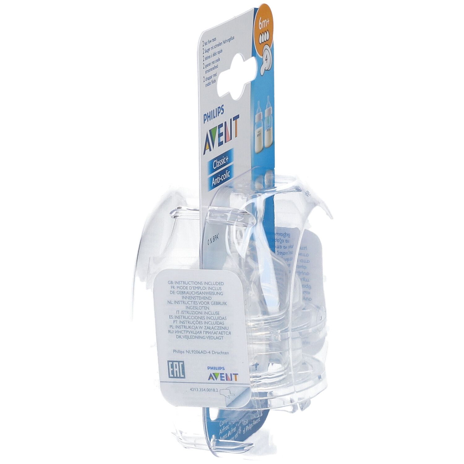Tétine Philips AVENT transparente, emballage. Inscriptions: Classic+, Anti-colic, 6m+. Visible: illustration de biberons.