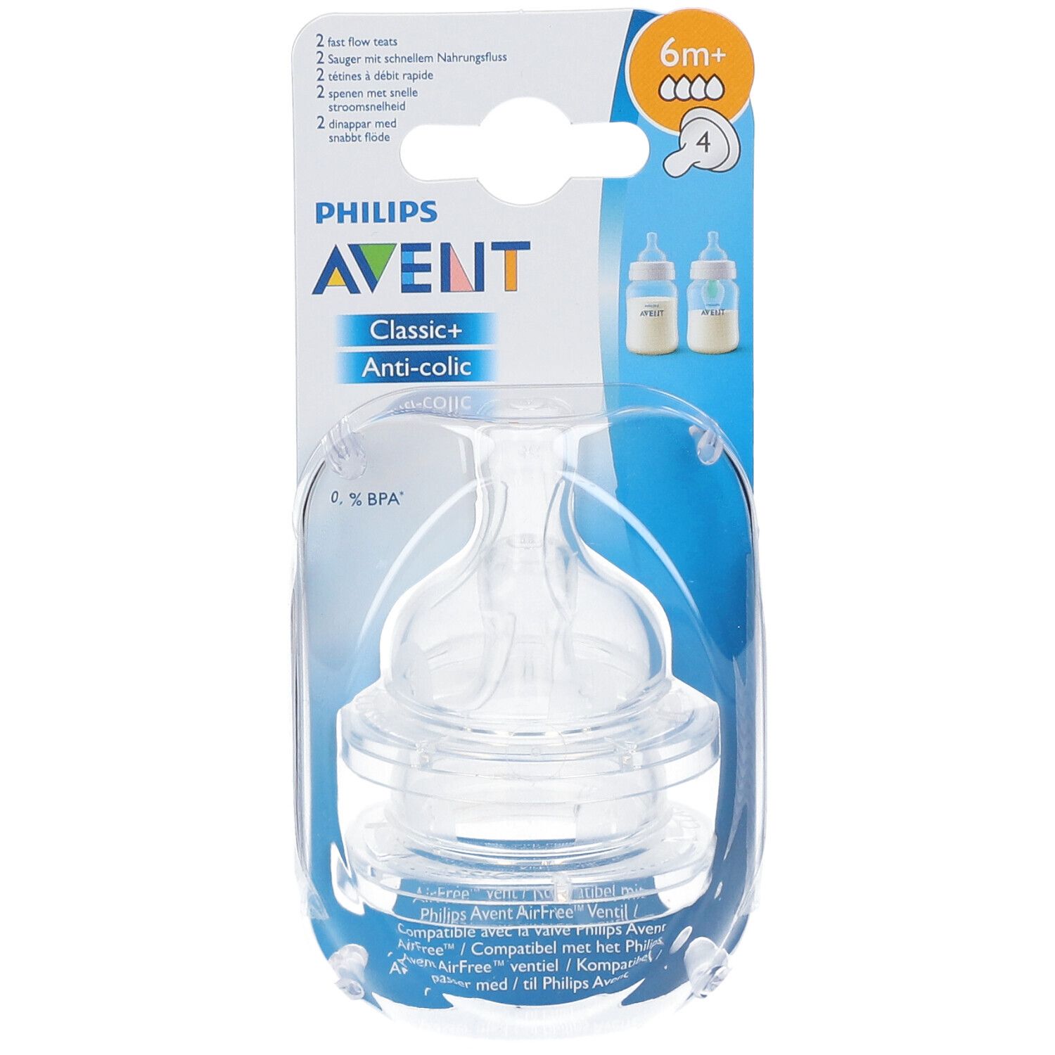 Tétine Philips AVENT transparente, emballage. Inscriptions: Classic+, Anti-colic, 6m+, 4. Illustration de biberons.