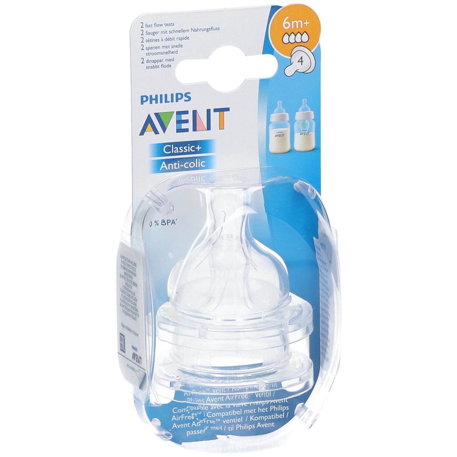 Tétine Philips AVENT transparente, emballage. Inscriptions: Classic+, Anti-colic, 6m+, 4. Illustration de biberons.