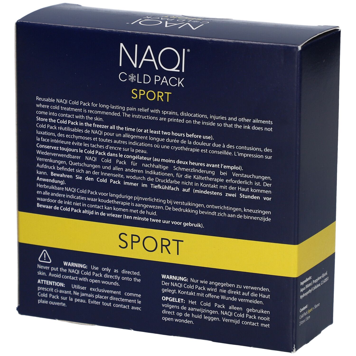 Dunkelblaue Schachtel mit gelbem Streifen. Text: NAQI COLD PACK SPORT. Warnhinweise und Gebrauchsanweisung.
