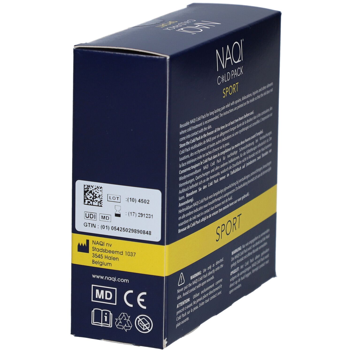 Dunkelblaue Schachtel mit gelbem Streifen. Text: NAQI COLD PACK SPORT. Etikett mit technischen Daten.