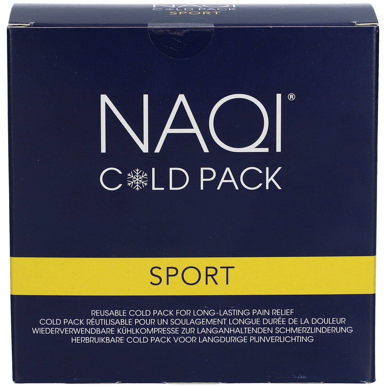 Dunkelblaue Schachtel mit gelbem Streifen. Aufschrift: NAQI COLD PACK SPORT. Text: Reusable Cold Pack.