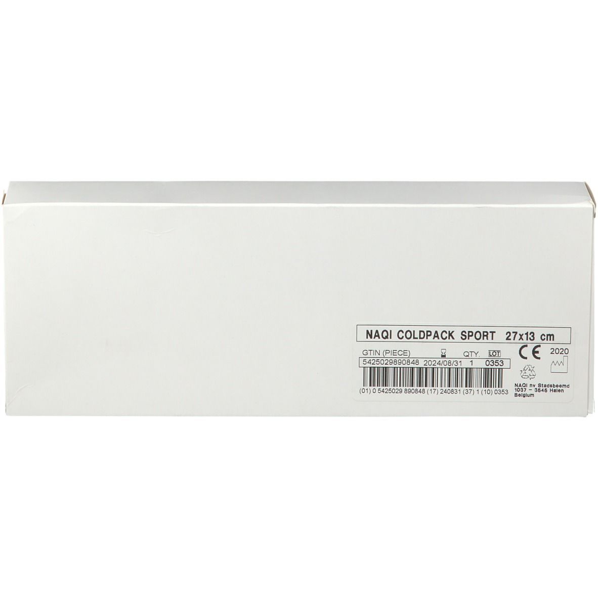 Weiße Schachtel. Aufschrift: NAQI COLD PACK SPORT 27x13 cm. Technische Daten und CE-Kennzeichnung.