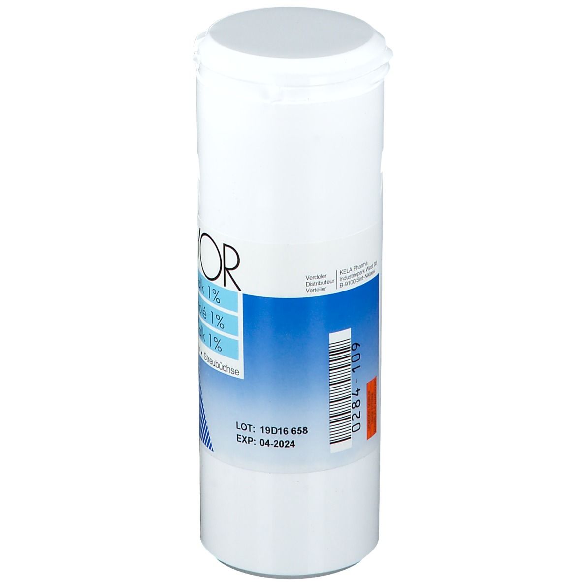 Witte bus met blauw etiket. Opschrift: POD'OR, Menthol Talk 1%. Barcode en lotnummer. Deksel met kliksluiting.