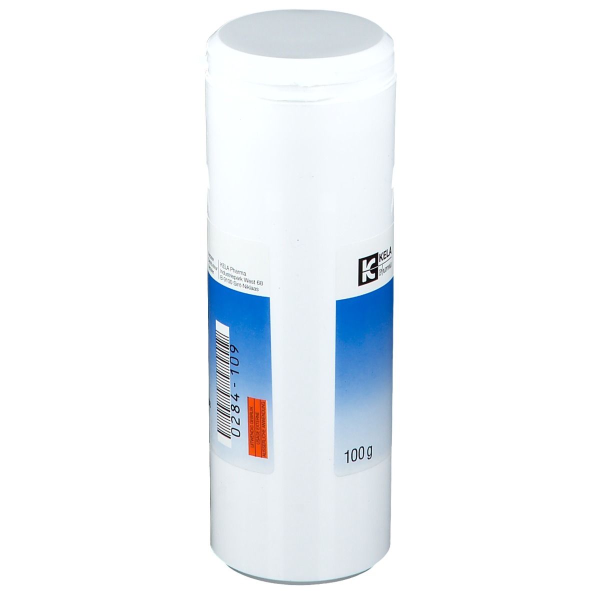 Witte bus met blauw etiket. Opschrift: 100g. Barcode en lotnummer. Deksel met kliksluiting. KELA Pharma logo.