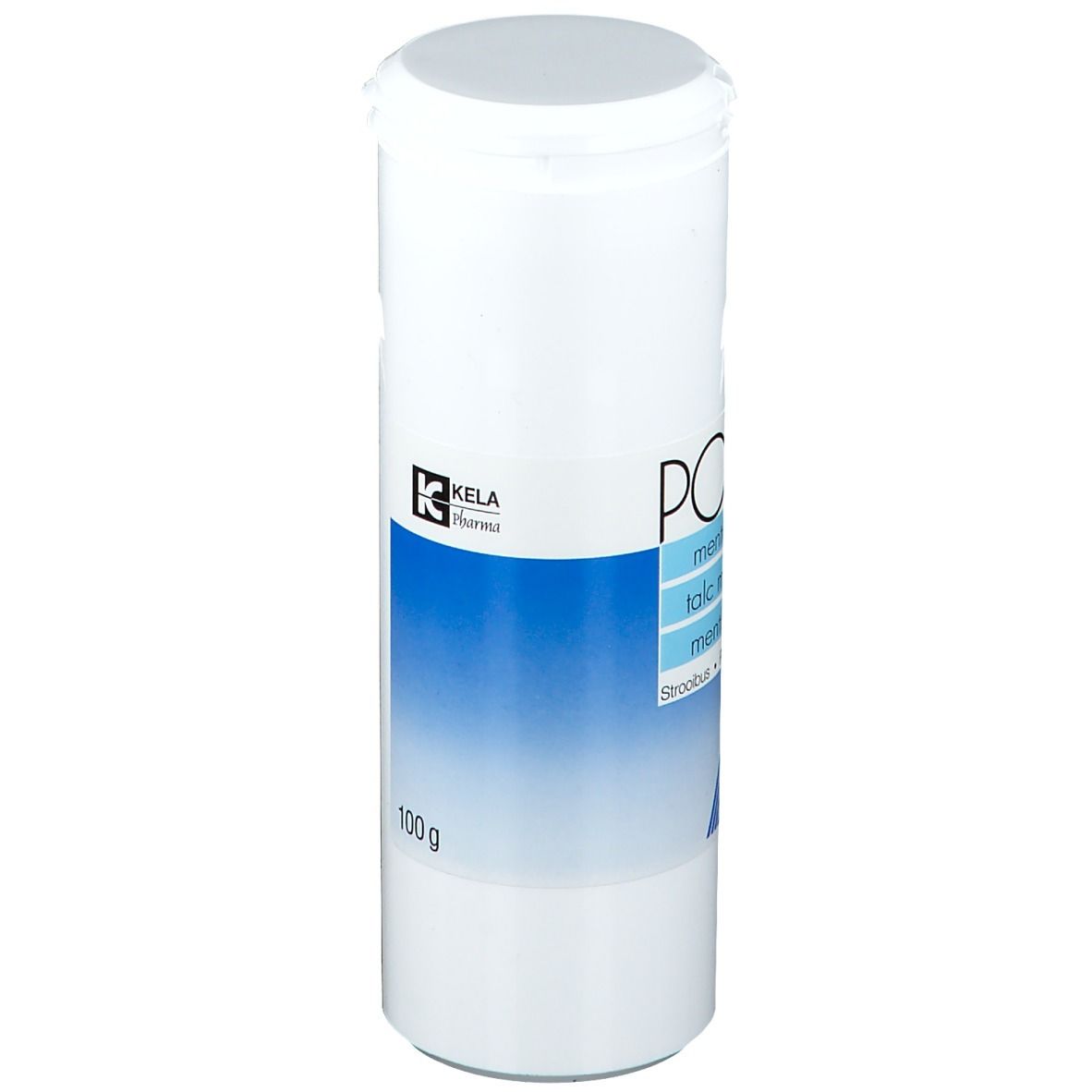 Witte bus met blauw etiket. Opschrift: POD'OR, Menthol Talk 1%. 100g. KELA Pharma logo. Deksel met kliksluiting.